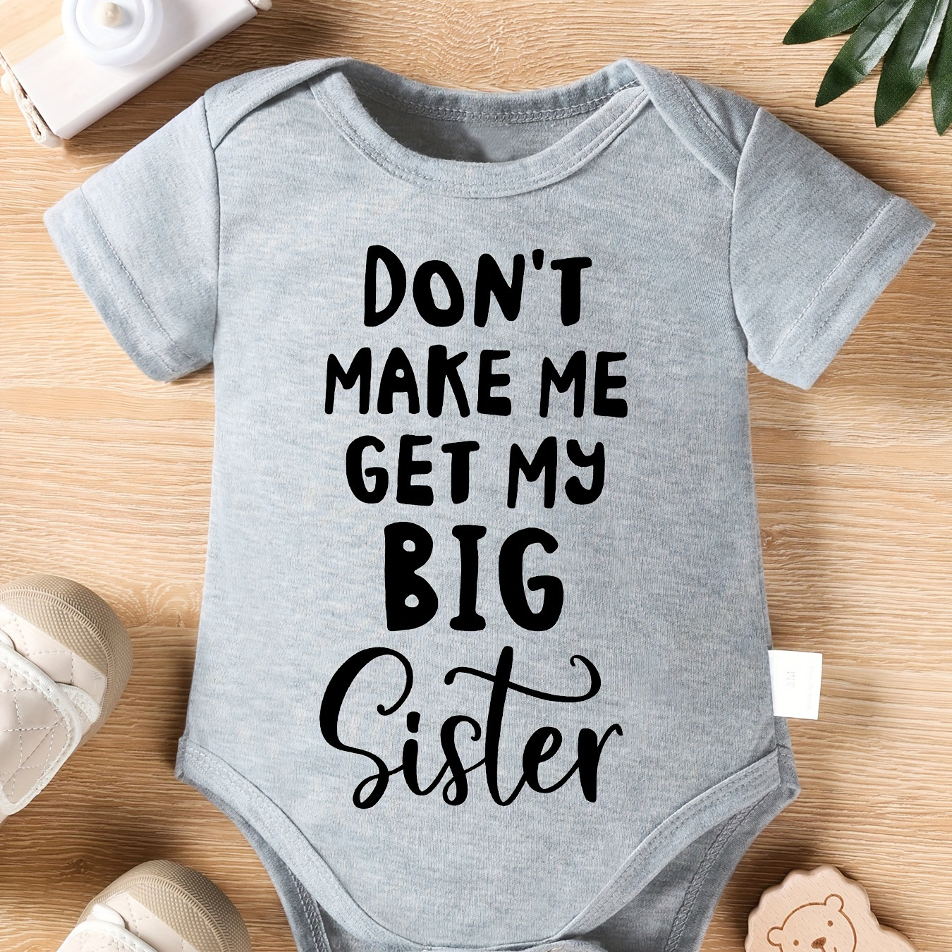 

Infant's Don't Make Me Get My Big Sister Letter Print Bodysuit, Comfy Short Sleeve Romper, Baby Boy's Clothing