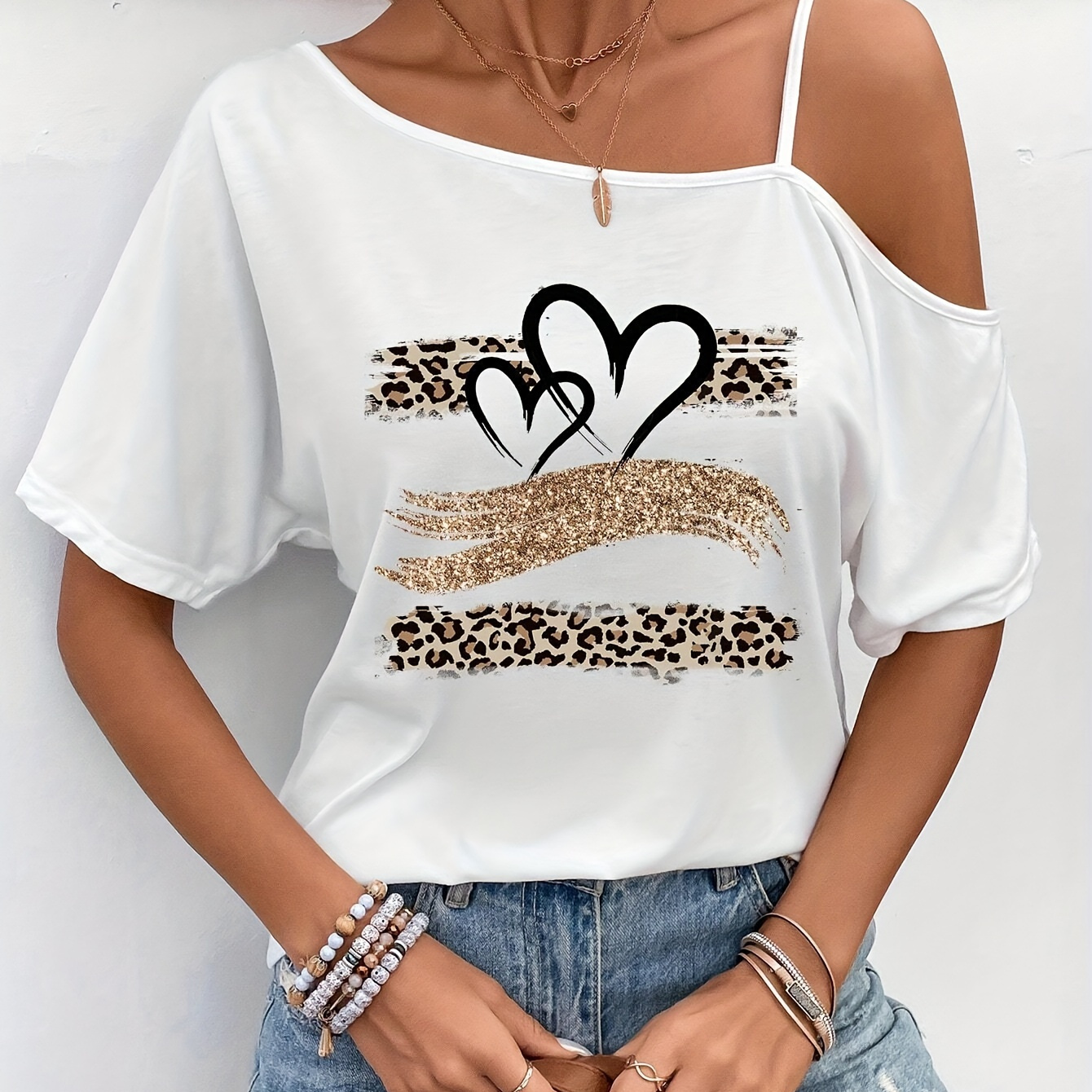 

Heart & Leopard Print Asymmetrical T-shirt, Casual Short Sleeve T-shirt For Spring & Summer, Women's Clothing