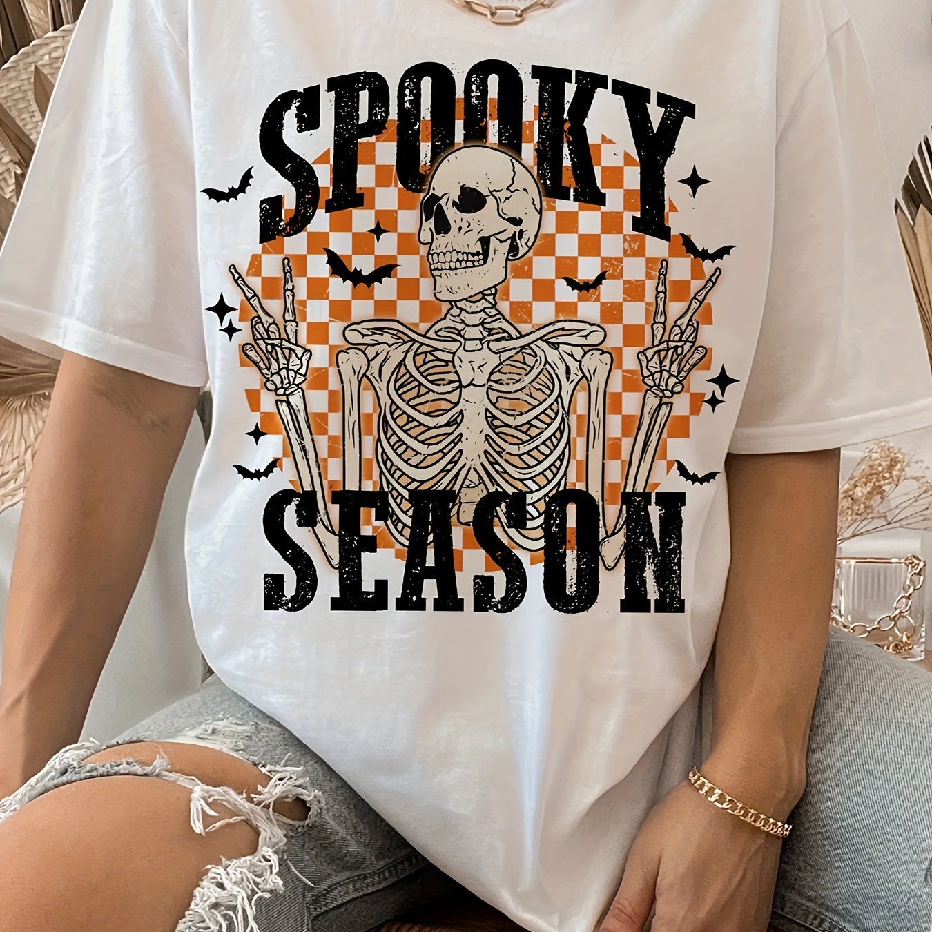

Halloween Skeleton & Letter Print Casual T-shirt, Crew Neck Short Sleeve Top For Spring & Summer, Women's Clothing