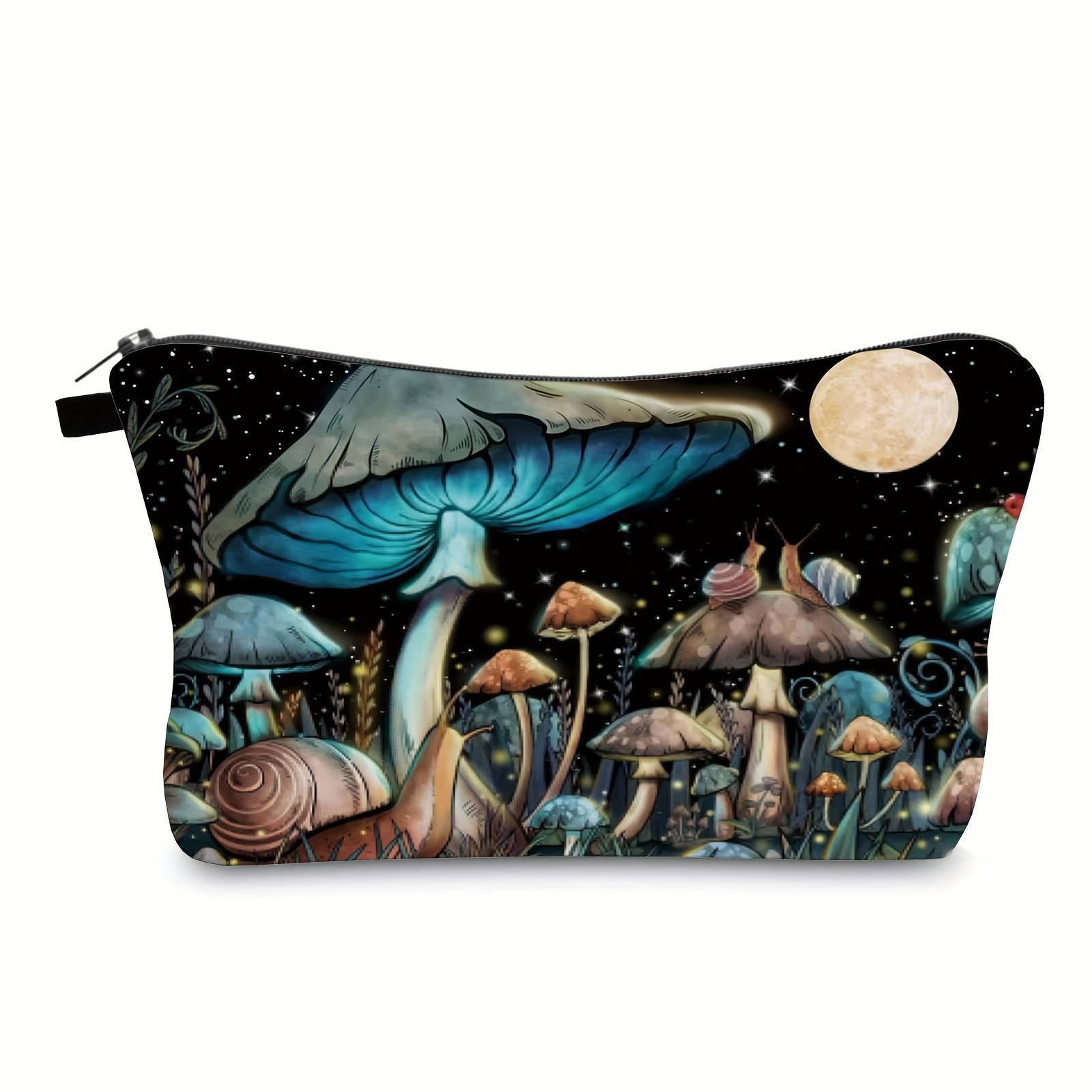 

Cute Portable Mushroom Print Makeup Bag With Zipper Small Waterproof Cosmetic Case Travel Organizer Bag Toiletry Storage Pouch For Purse Women (black Night)