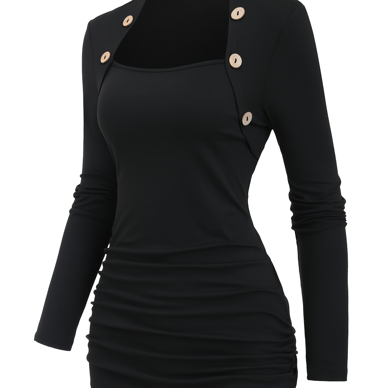 

Chic Button-detail Long Sleeve Top For Women - Casual Polyester & Spandex , Machine Washable, Fall/winter