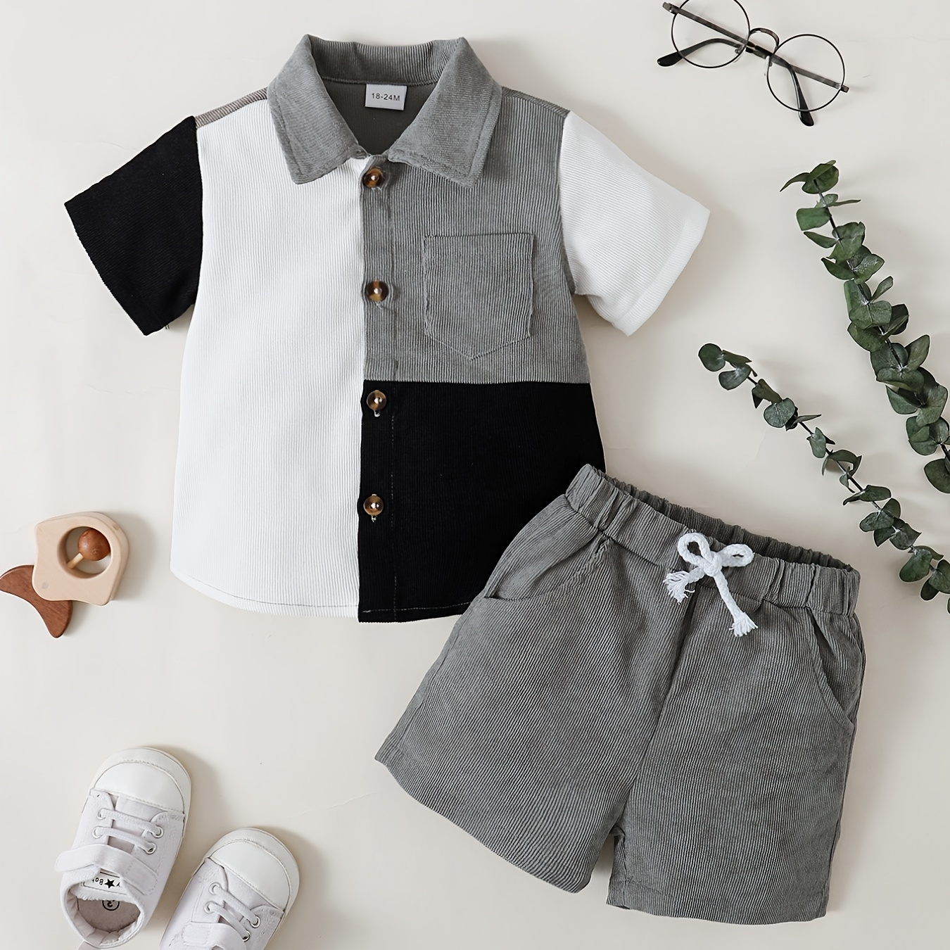 Boys Color Block Outfit Shorts & Shirt Short Sleeves Button Drawstring Waist Casual Summer Kids Clothes