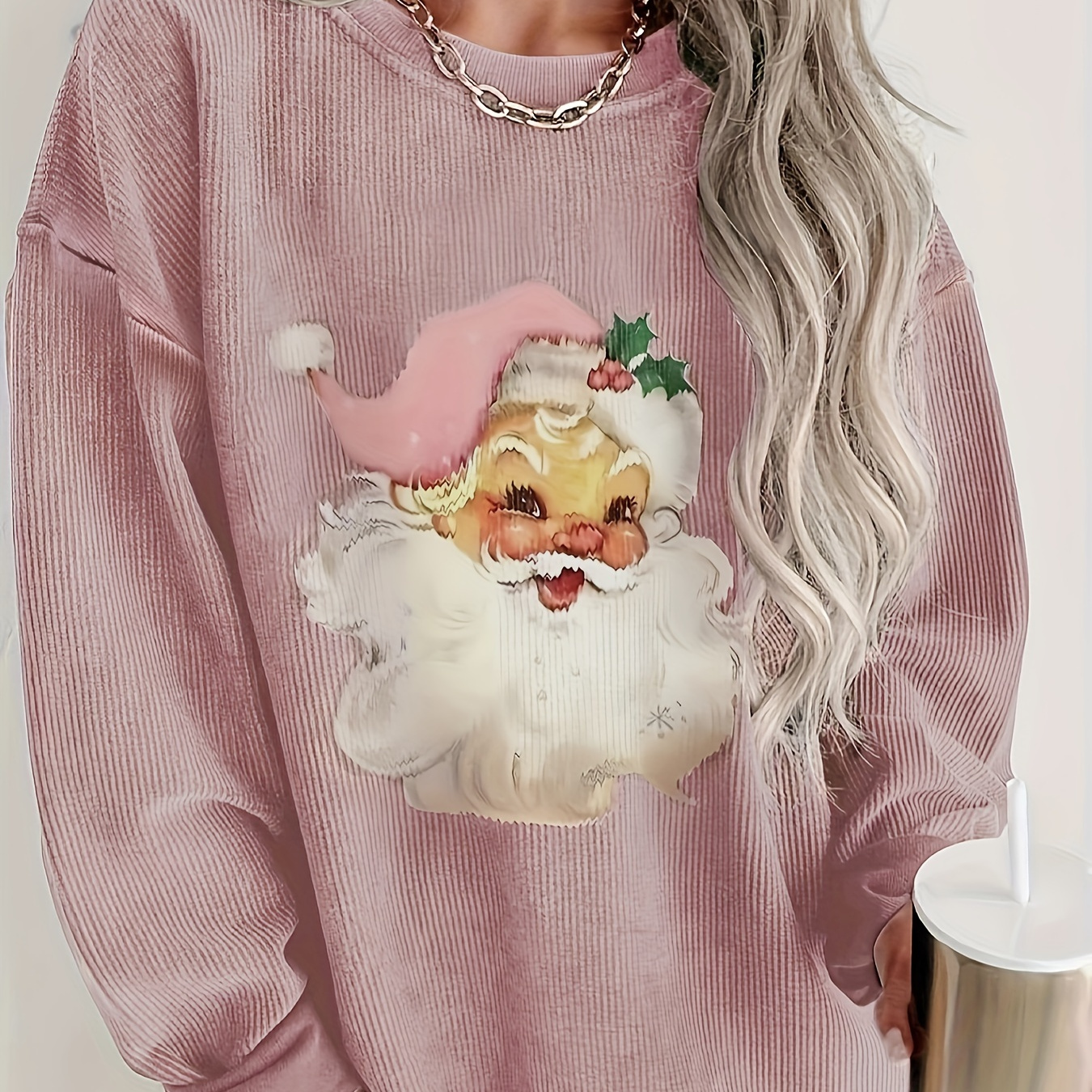 

Sweatshirt à épaules tombantes imprimé Père Noël, sweatshirt décontracté à manches longues col rond pour et l'hiver, vêtements pour femmes