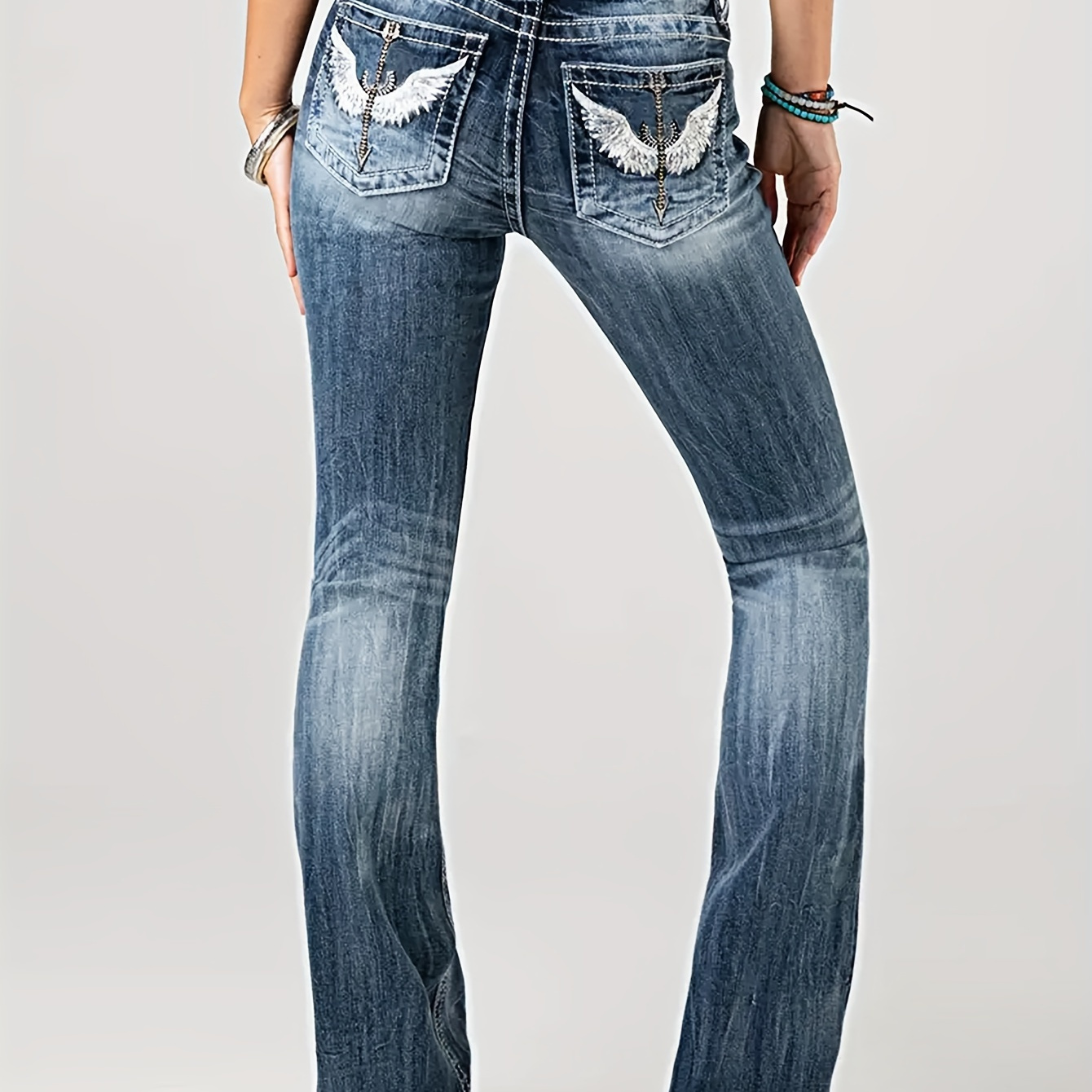 

Women's Fashion Bootcut Jeans, Casual Style, Slim Fit, Flared Leg, Denim Pants With Wings Pocket Detailing