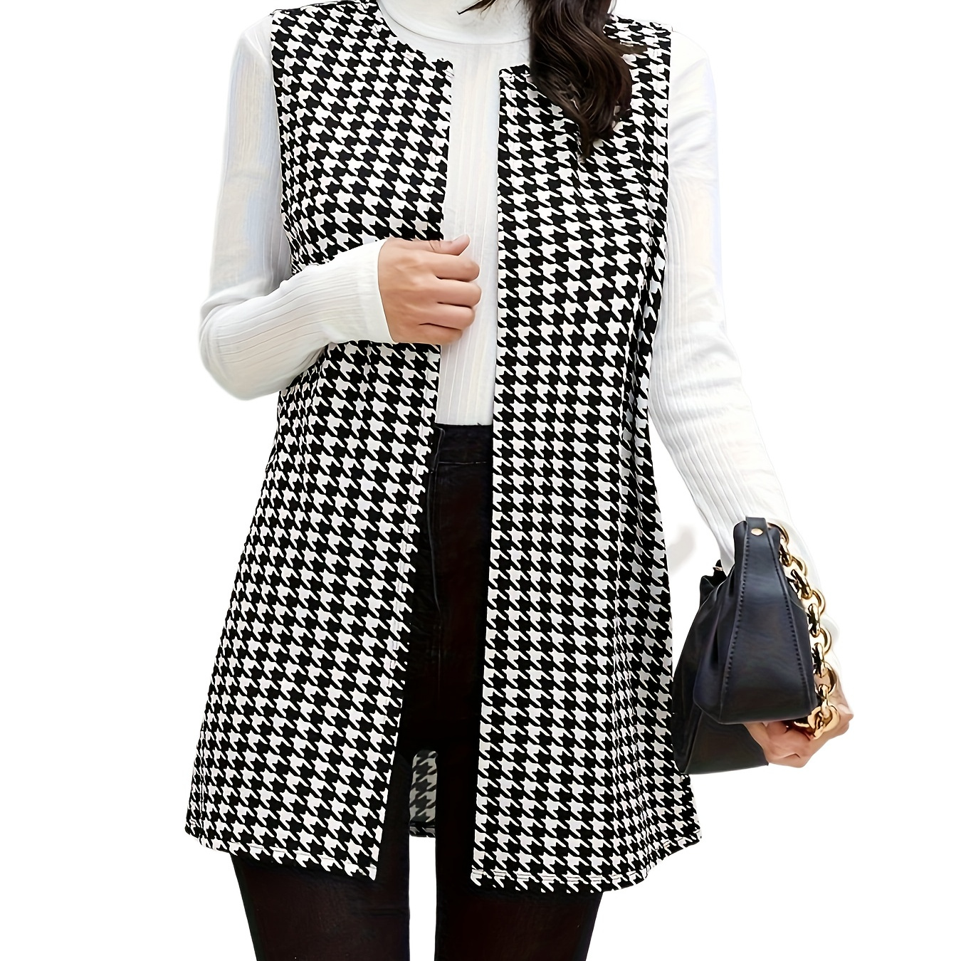 

Houndstooth Pattern Open Front Vest, Casual Collarless Sleeveless Vest, Women's Clothing