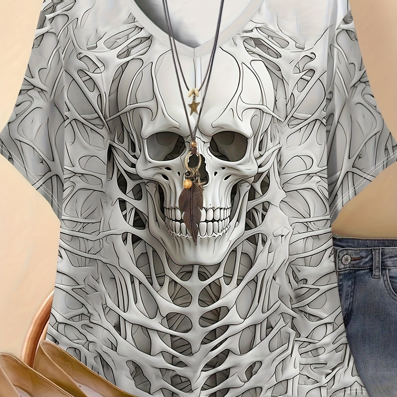 

Plus Size Women's Casual Crew Neck T-shirt - Summer Skeleton Print, Knit Polyester Fabric With Stretch, Short Sleeve Top For Outdoor Clothing