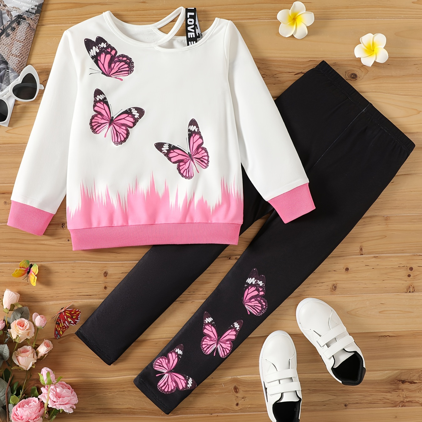 

2pcs Kid Girl Casual & Trend Butterfly Print Colorblock Cut Out Halter Neck Long*sleeve Sweatshirt Halter Top And Elasticized Leggings Fashion Set For Spring & Autumn/fall