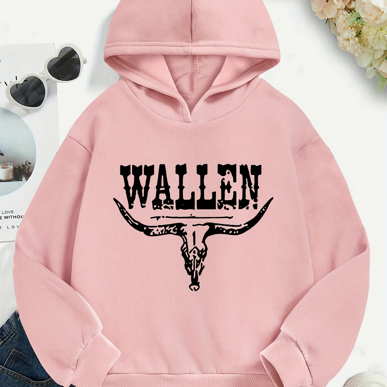 

Girls' Hooded Sweatshirt With Geometric Bull Skull Print, Soft Polyester, , Regular Fit, Long Sleeve, Crew Neck, Autumn/, Kids' Fashion Sweatshirt