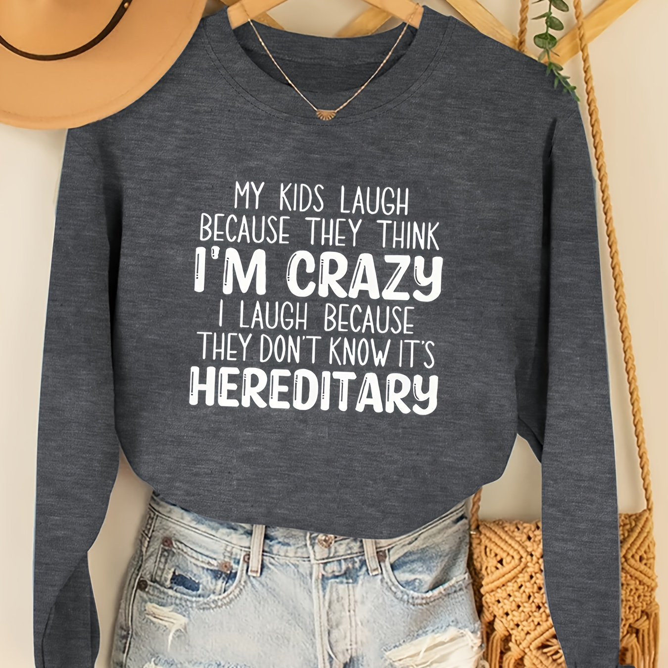 

Women's Casual Long Sleeve Crew Neck T-shirt With Funny Quote Print, Cotton Blend Medium Stretch Fabric Knit Top For