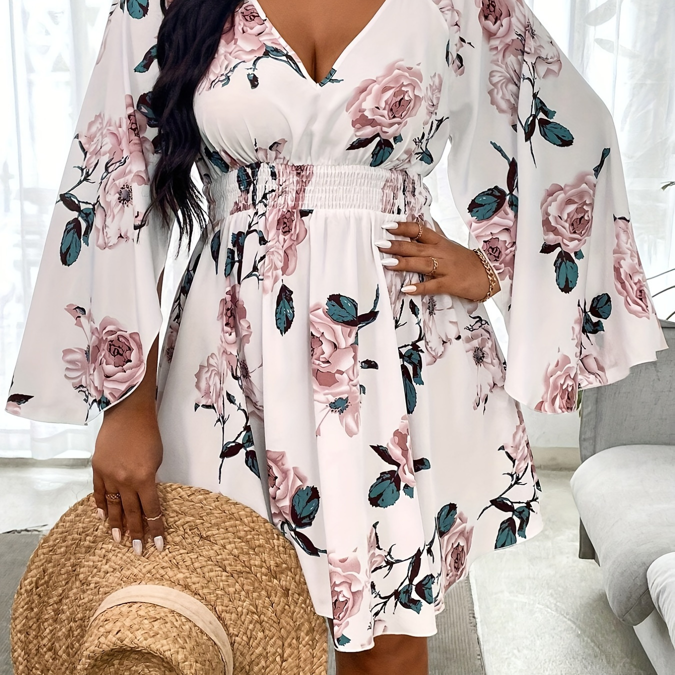 

Plus Size Floral Print Shirred Waist Dress, Cape Sleeve V Neck Swing Dress For , Women's Plus Size Clothing