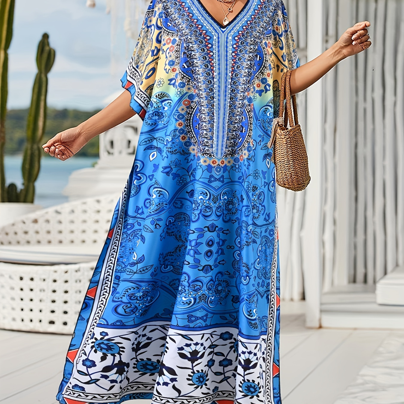 

Ramadan Plus Size Color Block Floral Print Dress, Casual V Neck Batwing Sleeve Kaftan Dress, Women's Plus Size Clothing