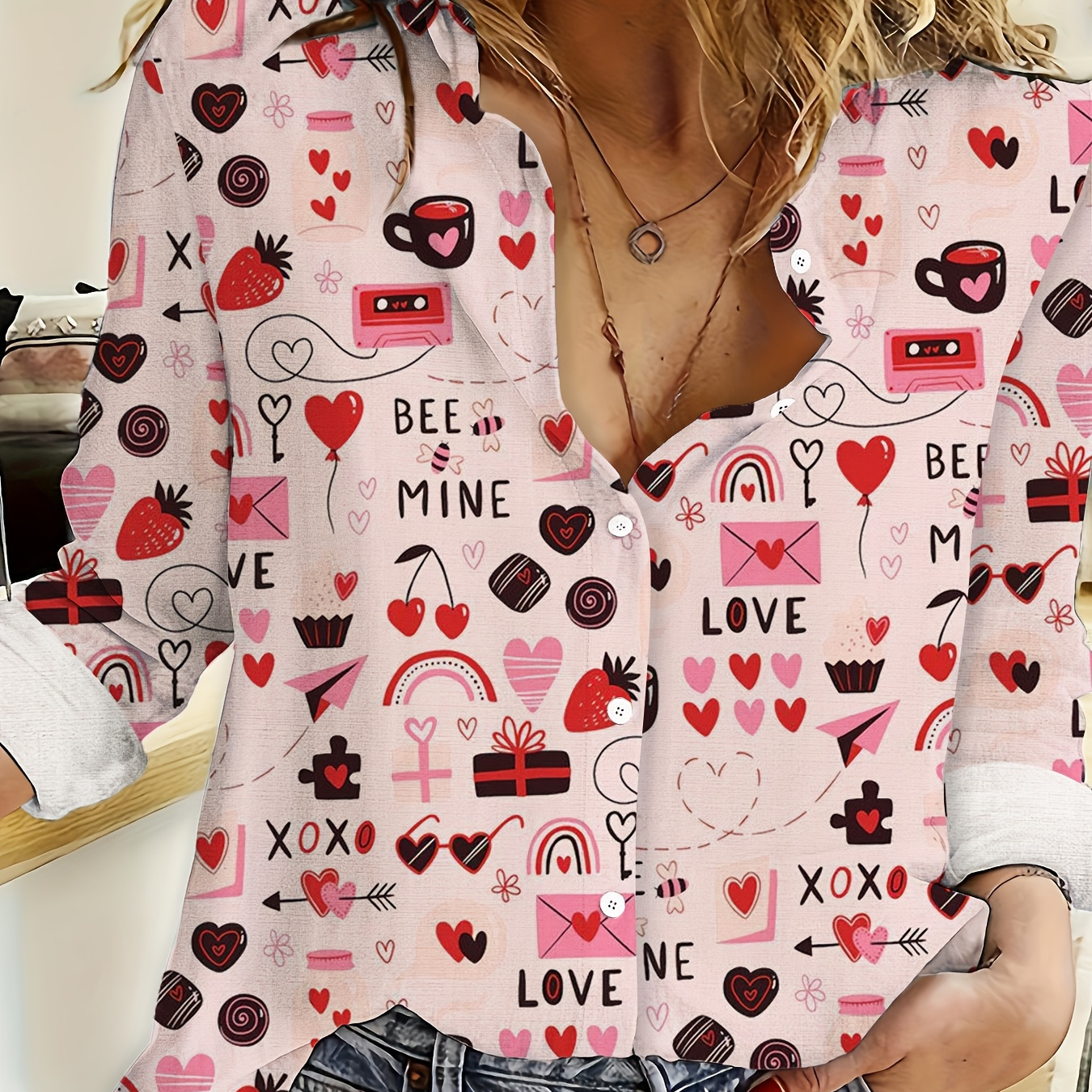 

And Letter Print Simple Shirt, Casual Button Front Long Sleeve Shirt, Women's