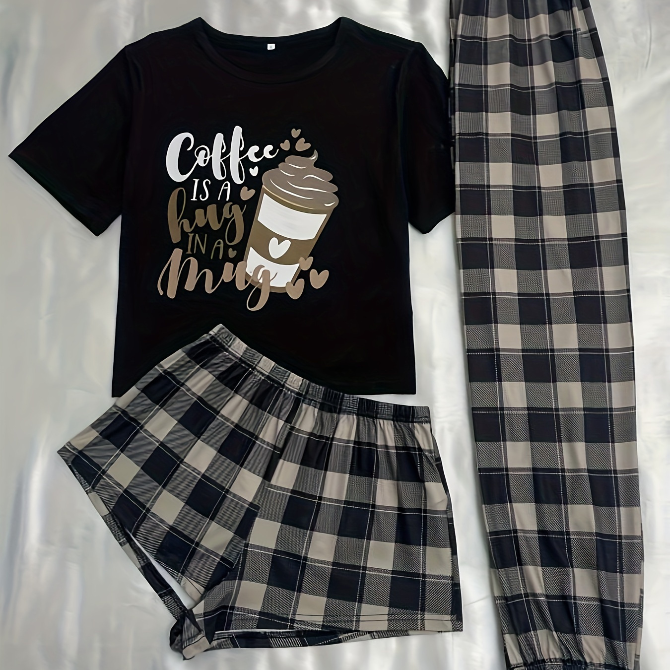 

Coffee & Plaid & Slogan Print Pajama Set, Cozy Short Sleeve Round Neck T-shirt & Shorts & Jogger Pants, Women's Sleepwear & Loungewear