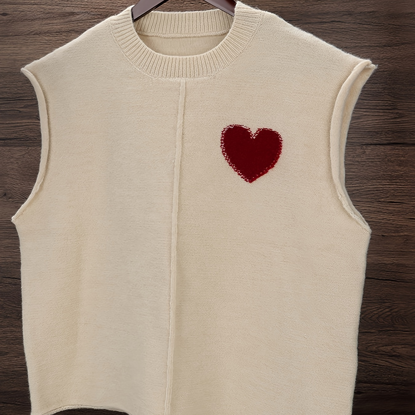 

Heart Pattern Crew Neck Vest, Casual Sleeveless Knit Sweater Vest For Spring & Fall, Women's Clothing