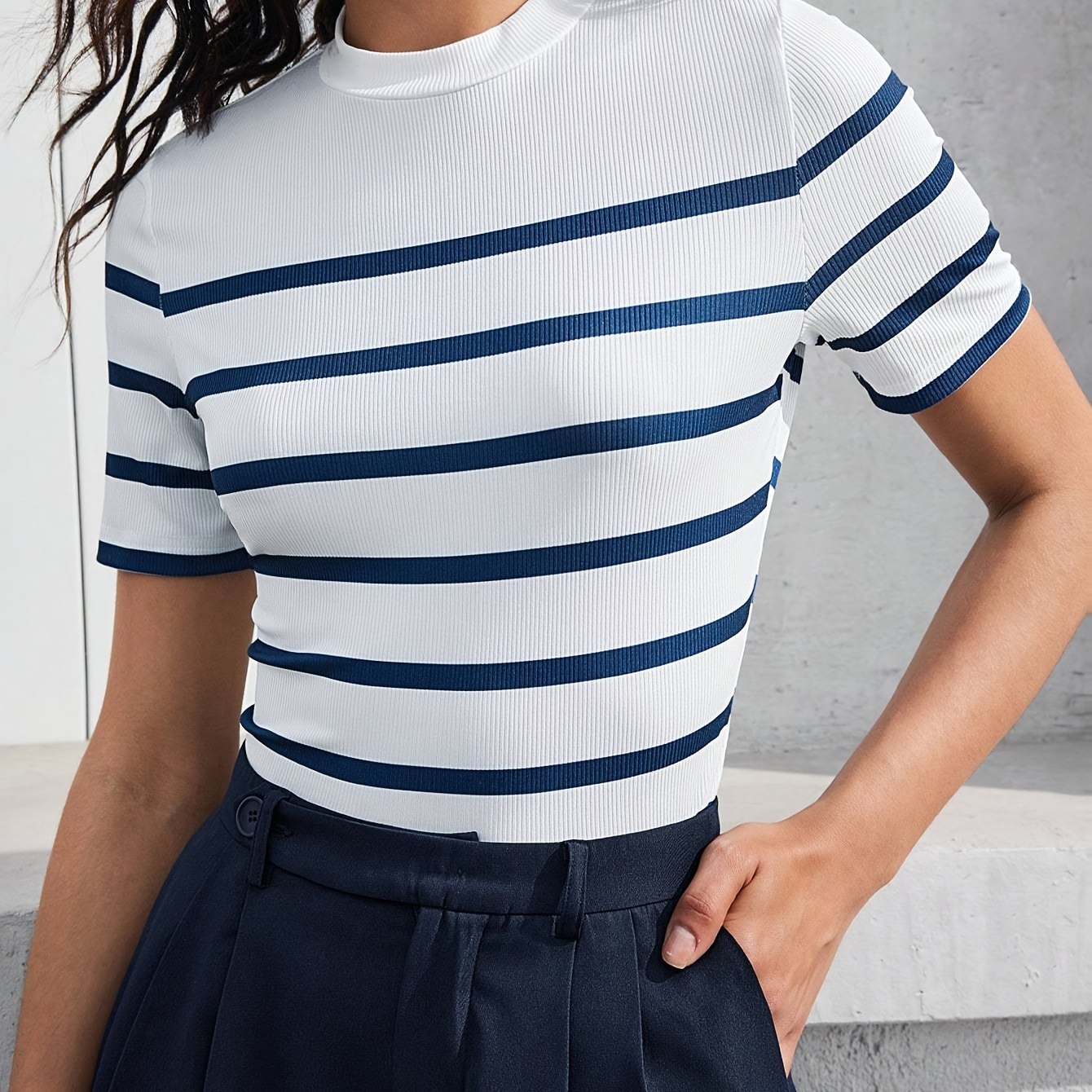 

Striped Print Mock Neck T-shirt, Casual Short Sleeve Top For Spring & Summer, Women's Clothing