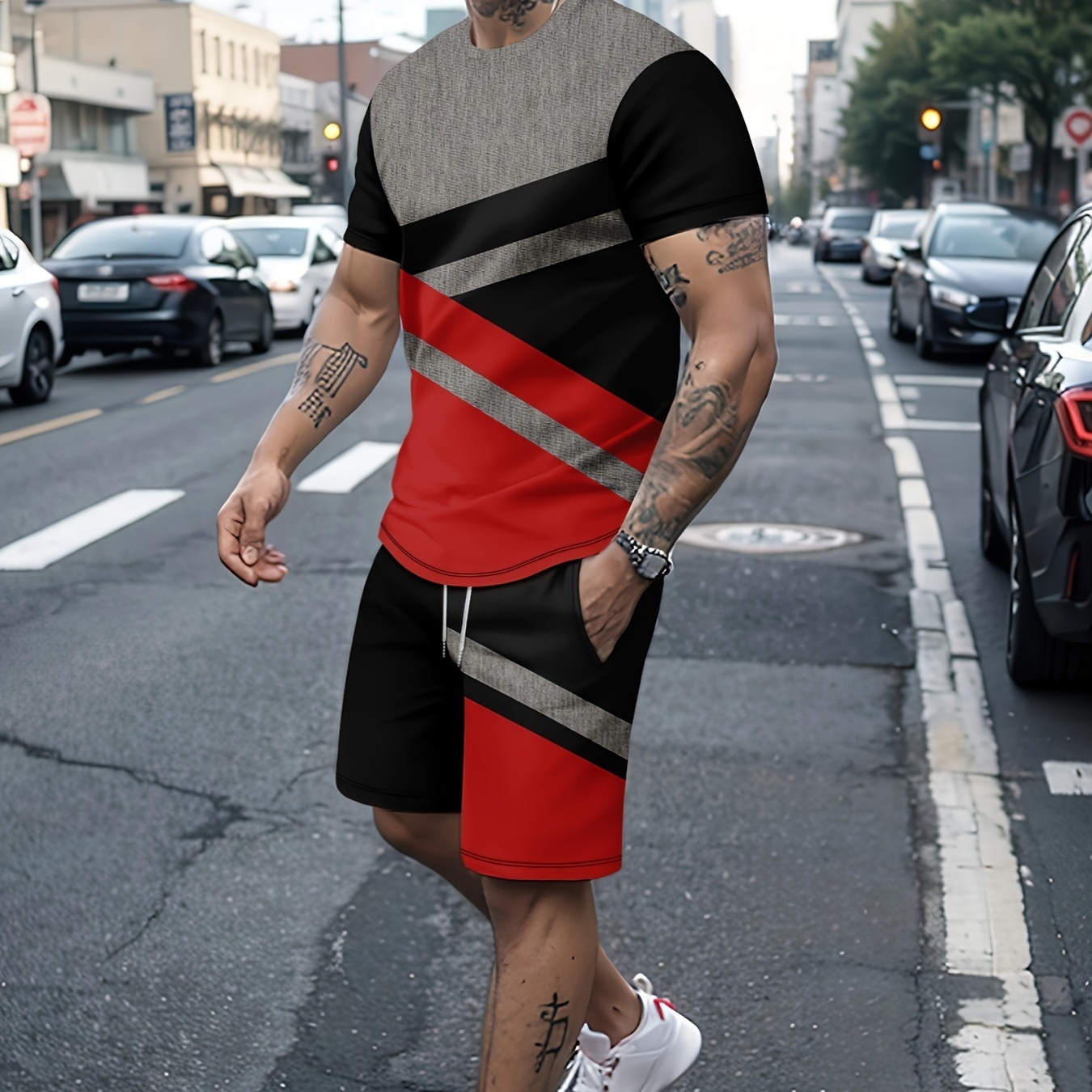 

2-piece Men's Casual Crew Neck Graphic T-shirt And Shorts Set With Stylish Print, Comfort Fit Suit For Summer Vacation And Daily Wear