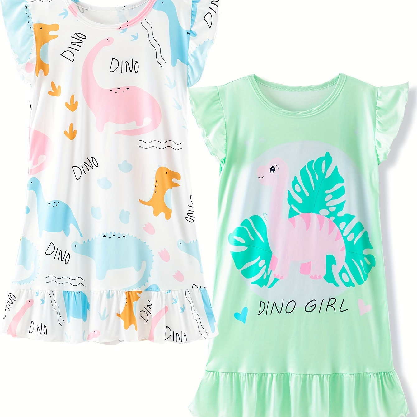 

2pcs Teen Girls Dress Cartoon Dinosaur Printed Crew Neck Long Sleeve Comfy Lounge Wear