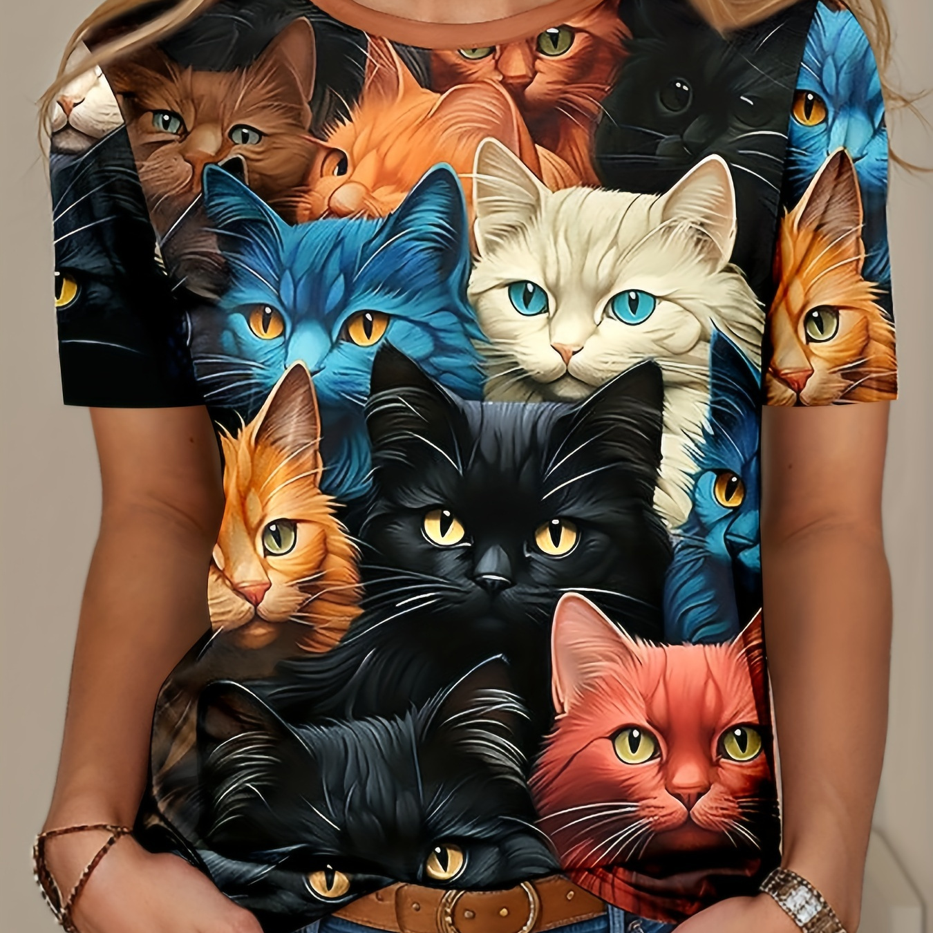 

Plus Size Cat Print T-shirt, Casual Crew Neck Short Sleeve T-shirt, Women's Plus Size clothing