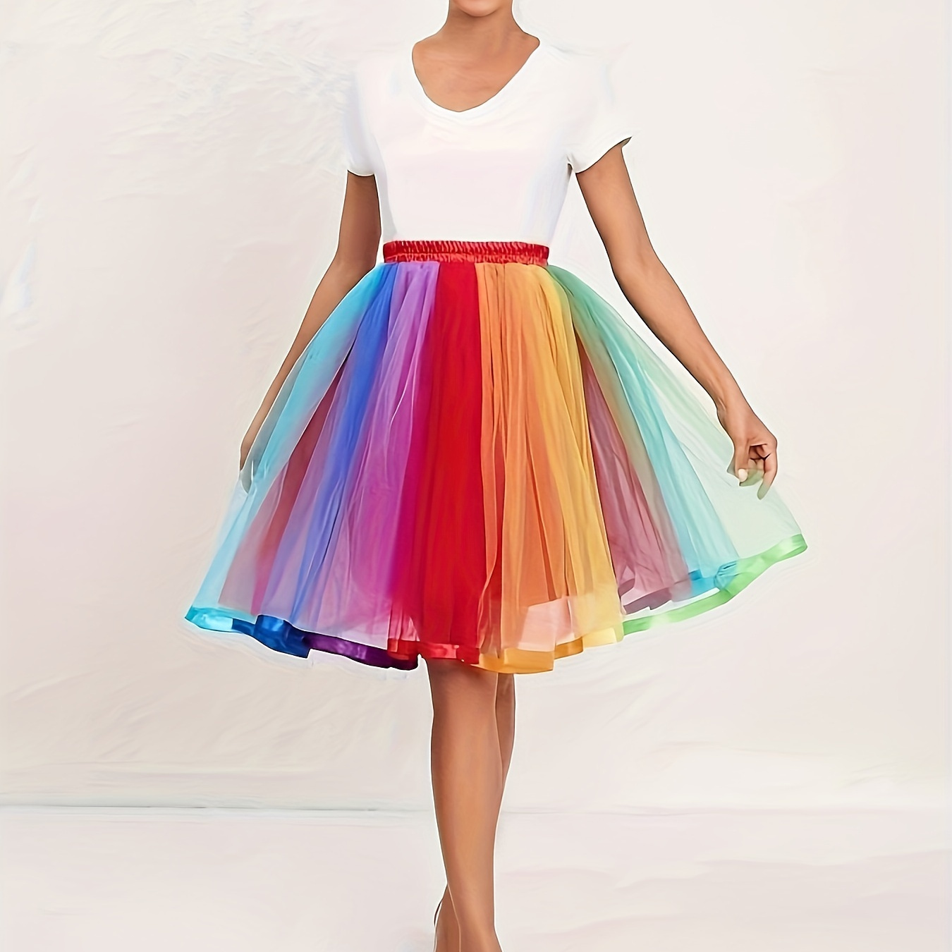 

Jupe courte en tulle à rayures arc-en-ciel élégante - Demi-jupe en polyester avec ourlet parapluie, ornement en filet tissé, taille élastique, forme O, mode féminine toutes saisons