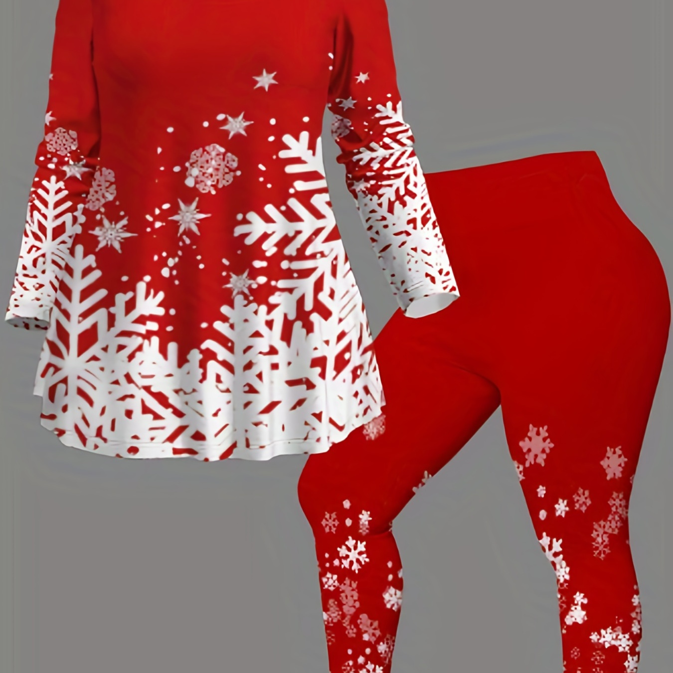 Christmas Snowflake Printed Long Sleeves Tee And Leggings Plus Size  Matching Set Outfit [60% OFF]