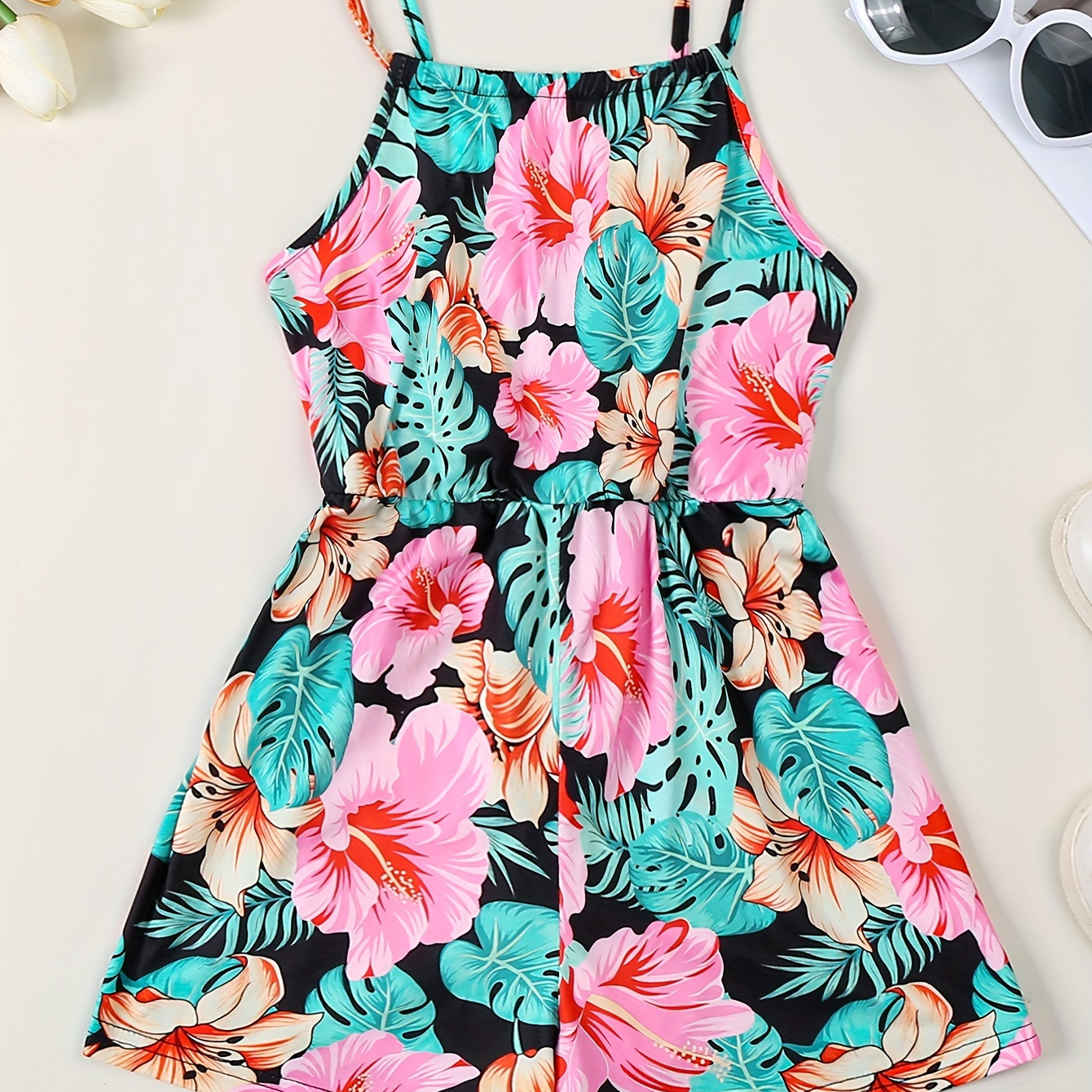 

Girls Casual Tropical Flower Print Cami Jumpsuit, Sweet Romper For Summer Gift Beach Vacation Holiday