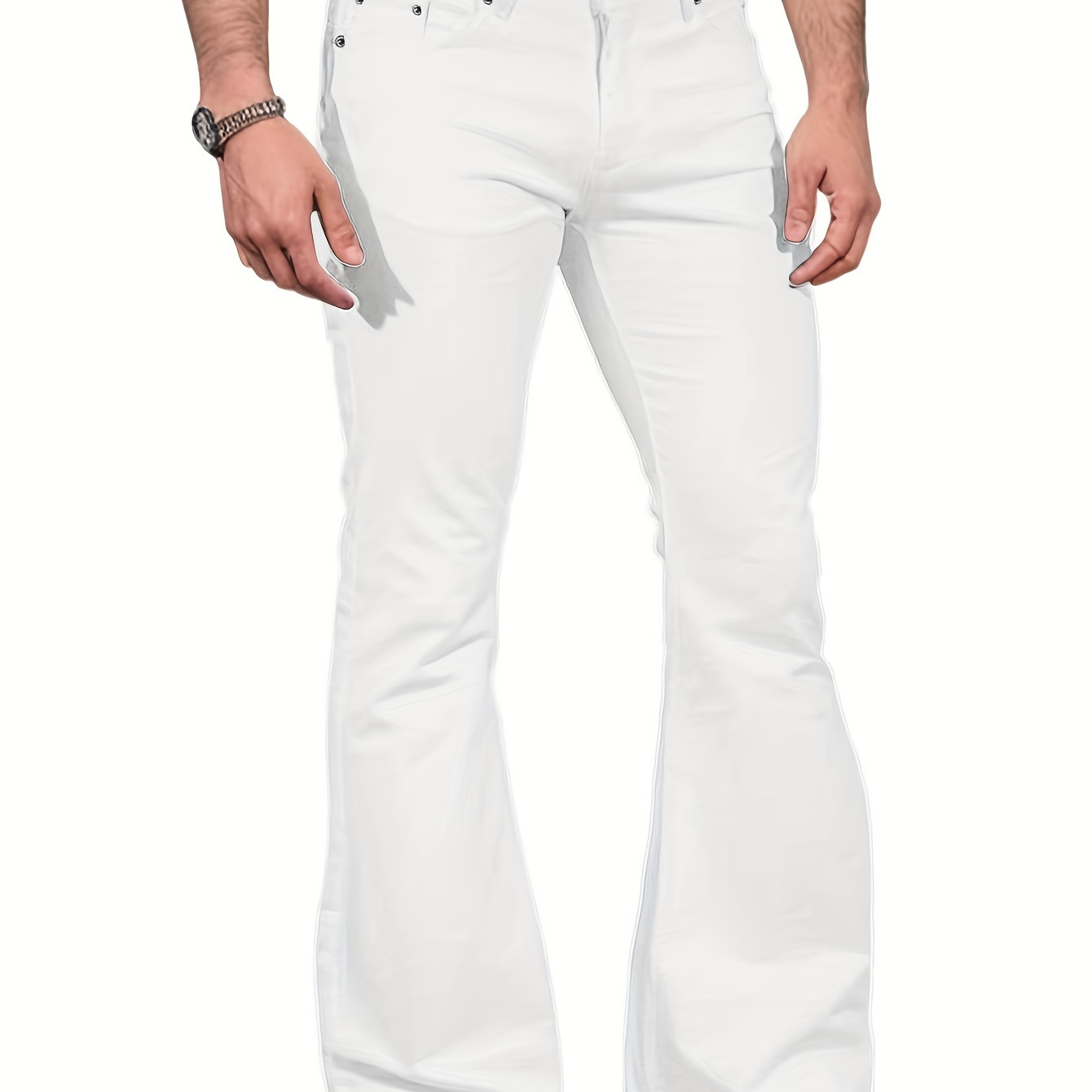 

Men's Solid Denim Flare Pants With Pockets, Causal Cotton Blend Jeans For Outdoor Activities