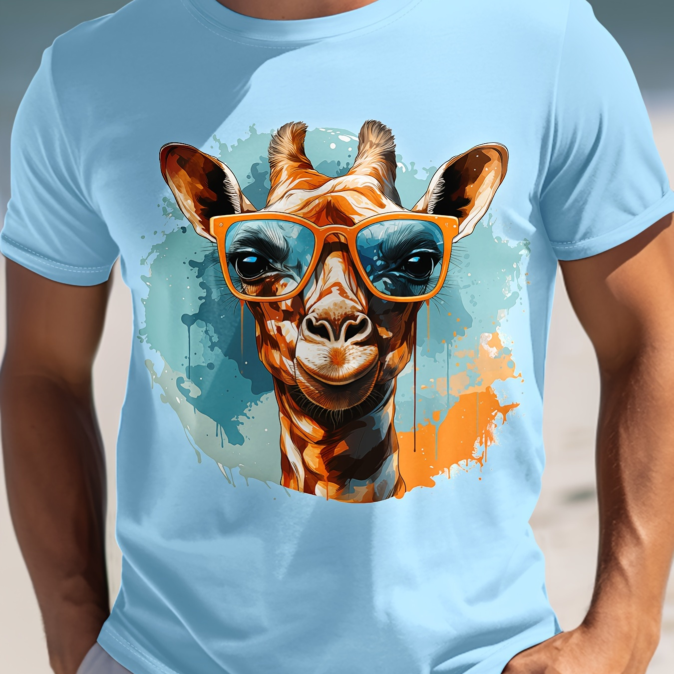 

Men's Giraffe Print T-shirt, Casual Short Sleeve Crew Neck Tee, Men's Clothing For Summer Outdoor