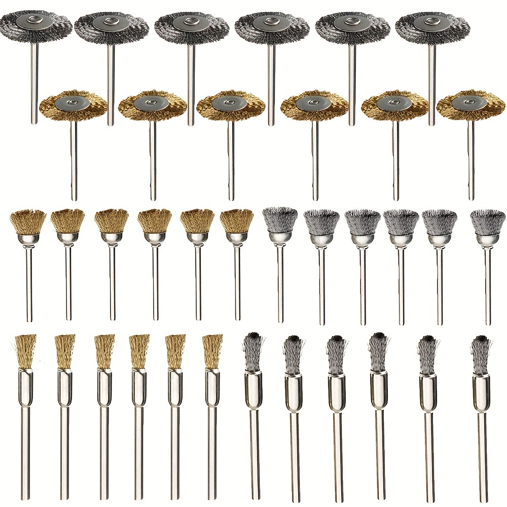 

36pcs/pack Brass Wire Brush Polishing Wheel Set Rotary Tool 3mm Shank Steel Wire Copper Wire Mini Grinding Head Mini Brush T-shaped Bowl-shaped Small Brush For Jewelry Polishing