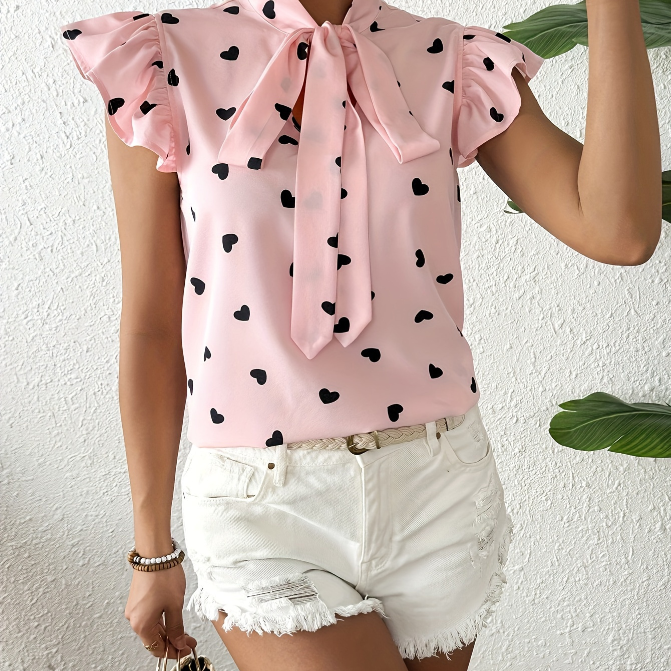 

Hearts Print Tie Neck Blouse, Elegant Ruffle Trim Short Sleeve Bow Front Blouse For Spring & Summer, Women's Clothing