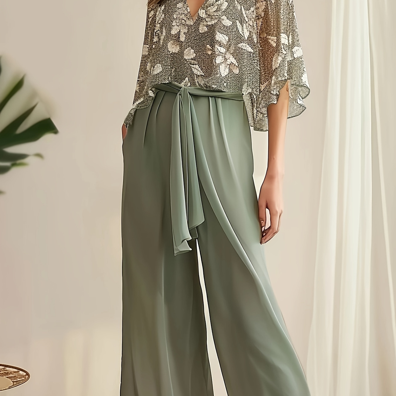 

Plant Print Casual Pantsuits, Deep V Neck Three-quarter Sleeve Blouse & Solid Tie Waist Pants Outfits, Women's Clothing