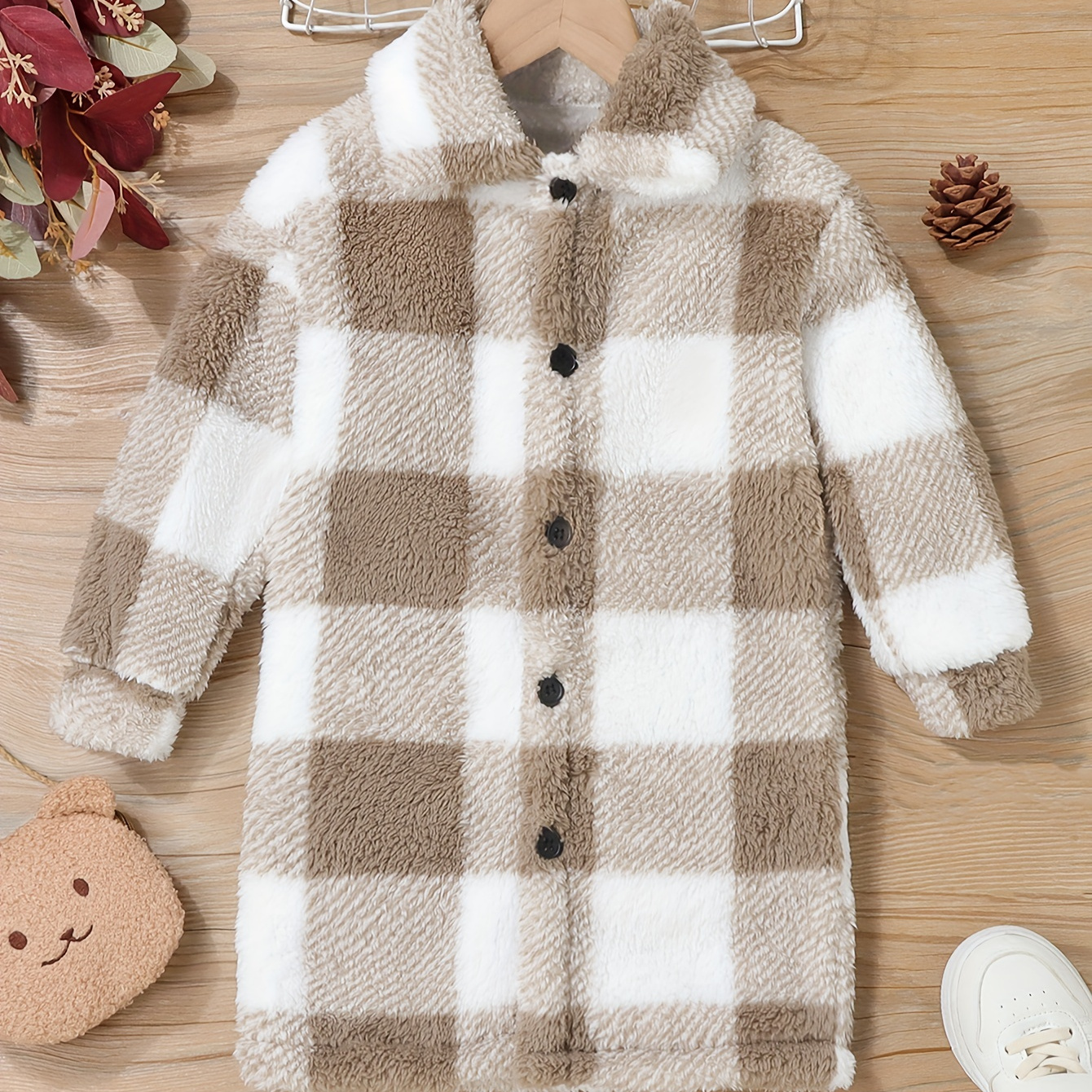 

Girls Warm Furry Coat Classic Plaid Pattern Collared Winter Cardigan Coat