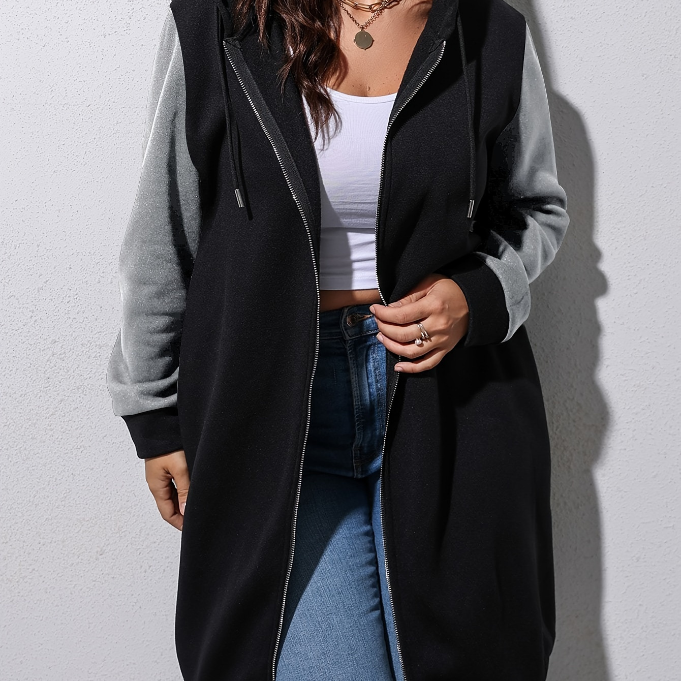 

Women's Chic Knit Hooded Jacket - Mid-length, Zip-up Casual Outerwear With Drawstring Hood, Machine Washable, Polyester & Elastane For Fall/winter