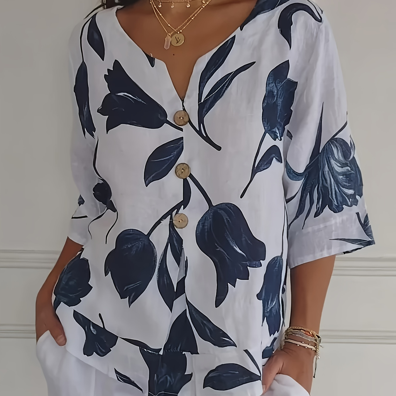 

Print Plus Size Floral V-neck Blouse With Button Detail - Casual Half Sleeve, Non-stretch Polyester Blend For Women, Plus Size Blouses