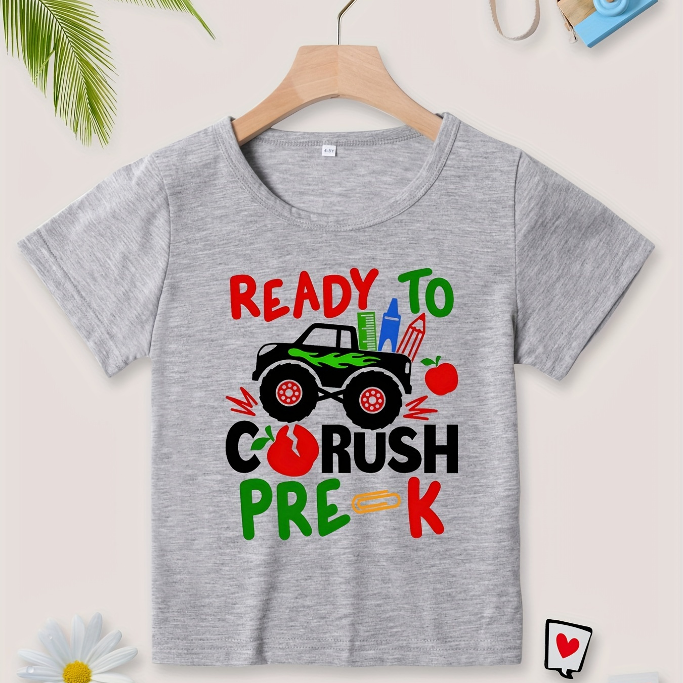 

Cartoon Truck Ready To Crush Pre-k Print T Shirt, Tees For Kids Boys, Casual Short Sleeve T-shirt For Summer Spring Fall, Tops As Gifts