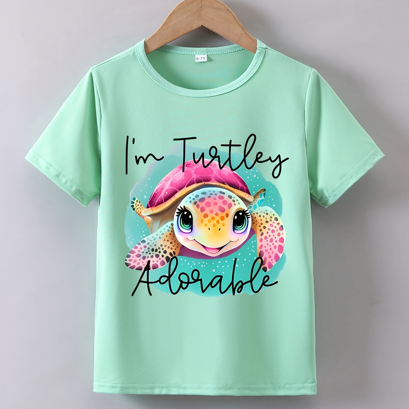 

turtle" Graphic Print Creative T-shirts, Soft & Elastic Comfy Crew Neck Short Sleeve Tee, Girls' Summer Tops
