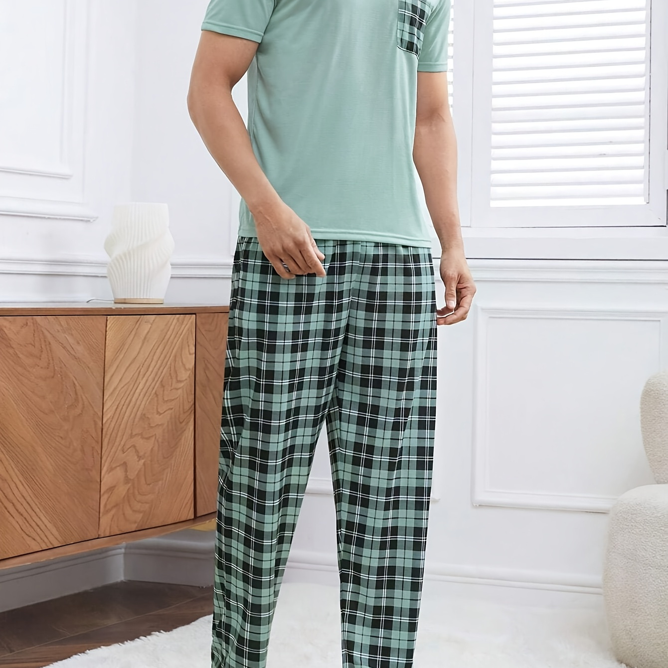 

1set Men's Summer Casual Pajama Set - Crew Neck Short Sleeve Top With Slight Stretch, Knit Fabric Pants, Comfortable Polyester-elastane , Regular Fit Sleepwear