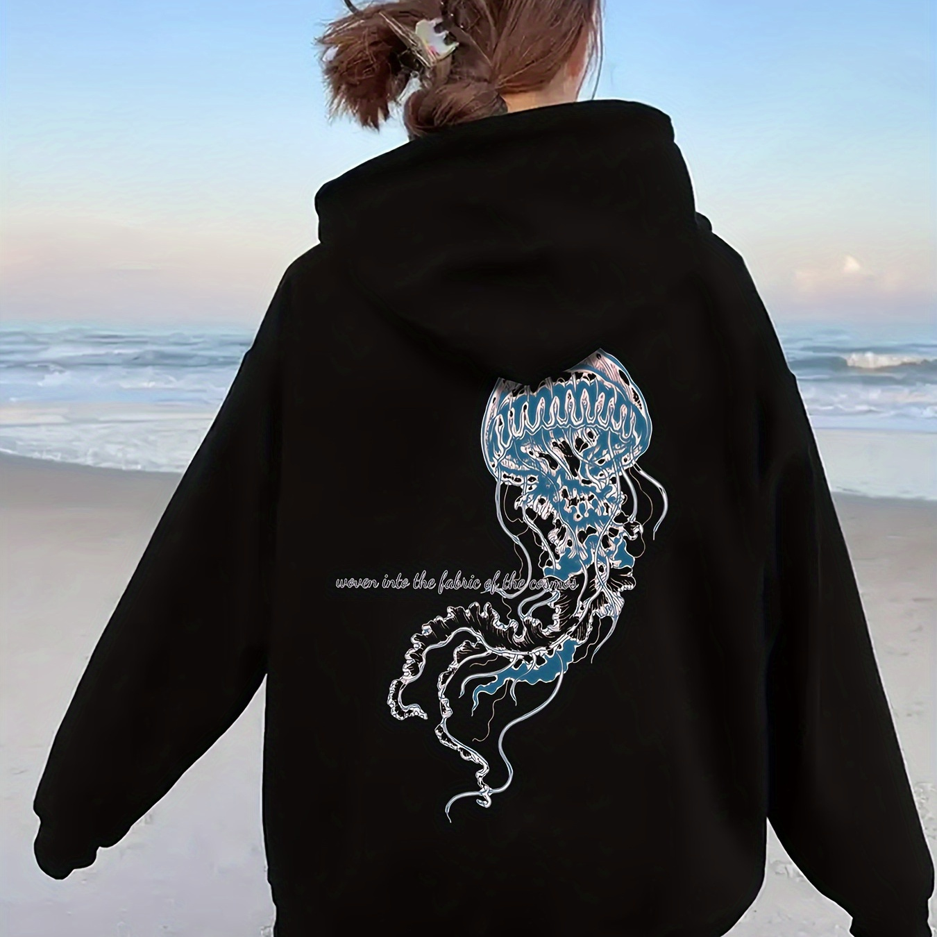 

Women's Cozy Fleece-lined Hoodie With Jellyfish Print & Kangaroo Pocket - Casual Pullover For Fall/winter