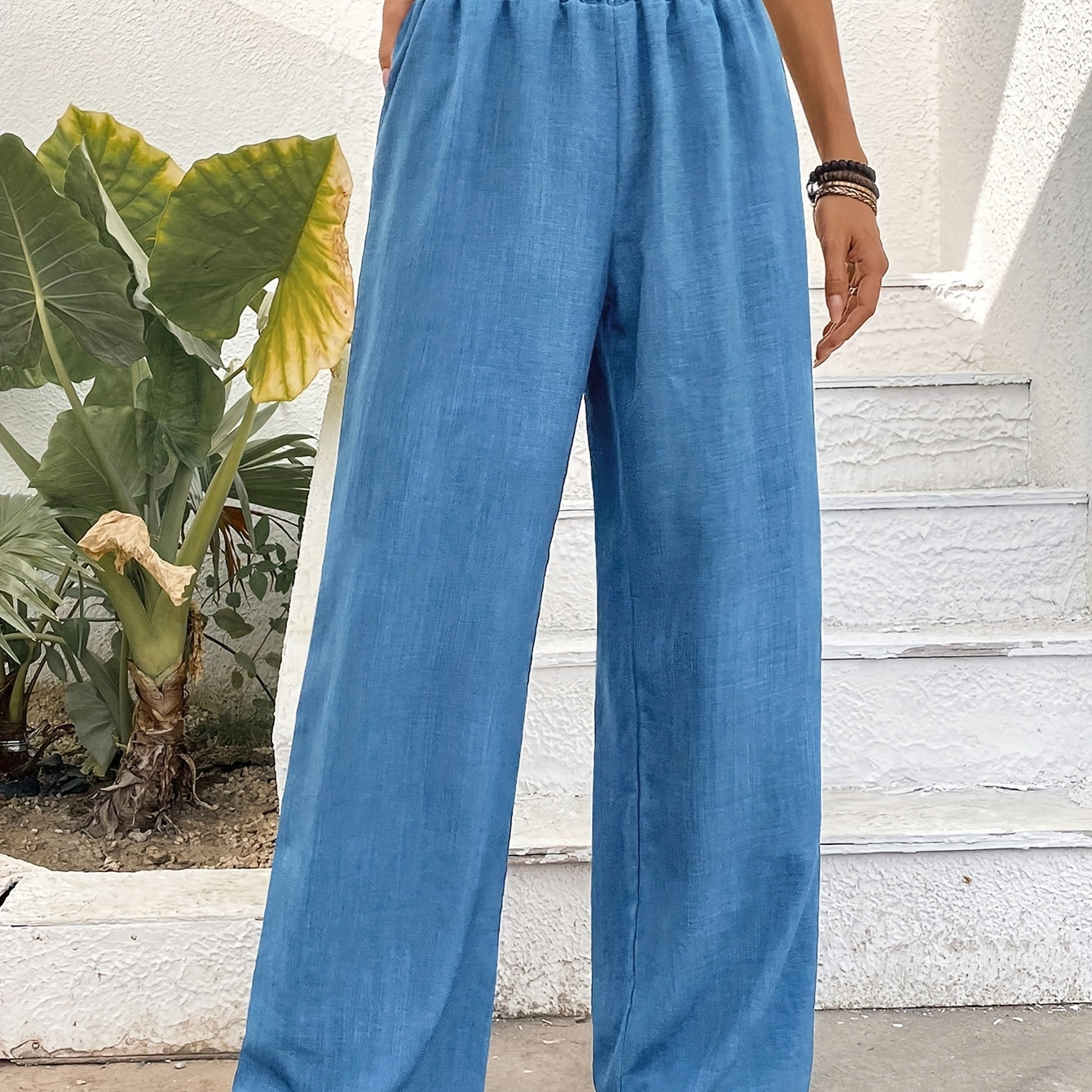 TEMU Solid Color Wide Leg Pants, Casual Shirred High Waist Loose Pants For Spring & Summer, Women's Clothing