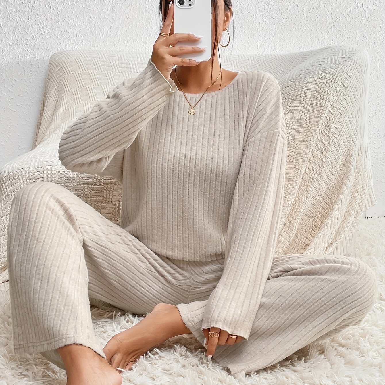 

Ribbed Casual Spring & Fall Two-piece Set, Crew Neck Long Sleeve Top & Pants Outfits, Women's Clothing