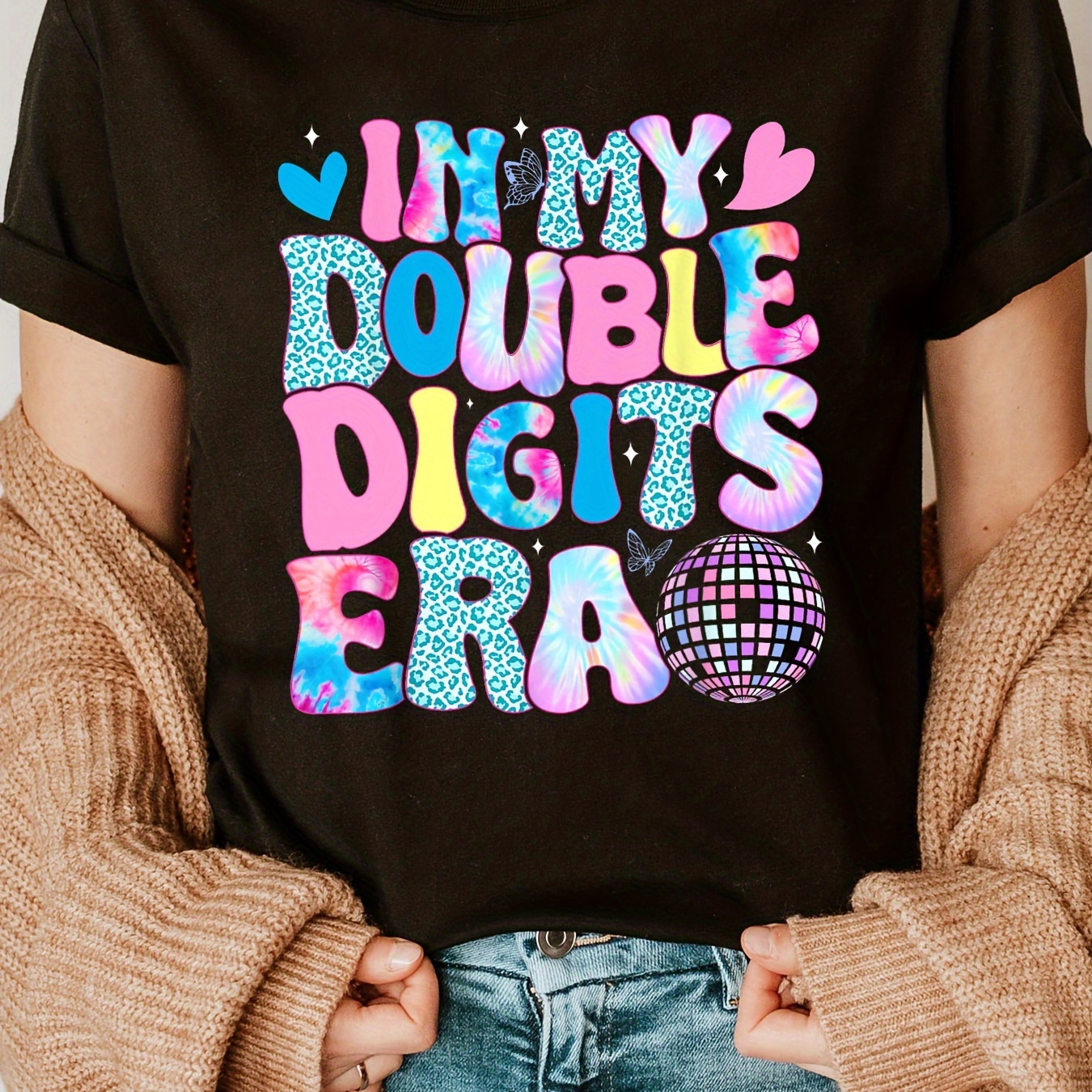 

Double Digits Era Print Crew Neck T-shirt, Short Sleeve Casual Top For Summer & Spring, Women's Clothing