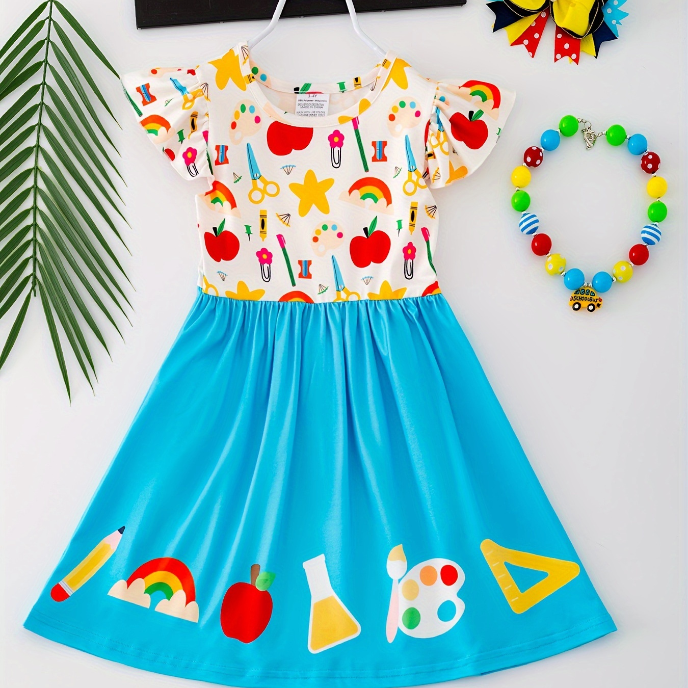 

Back-school Stationery Print Splicing Dress Comfy Breathable Casual Dresses For Girls, Summer Gift