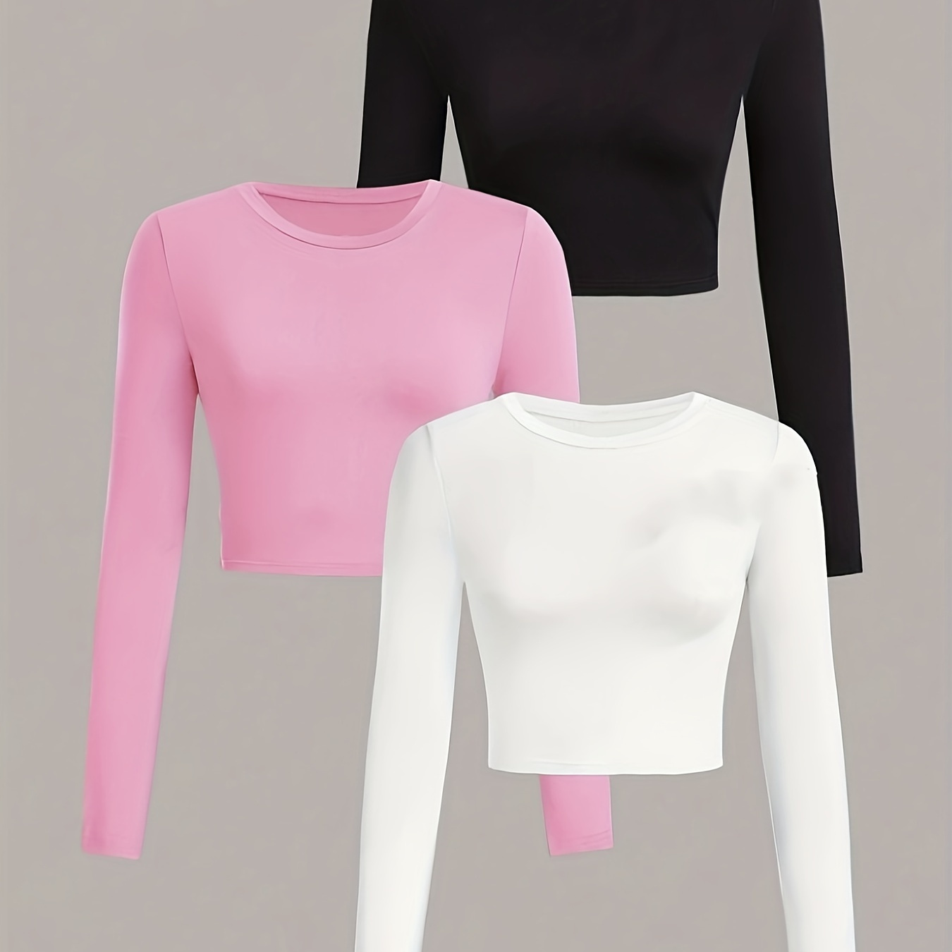 

Solid Color T-shirt 3 Pack, Long Sleeve Top For Spring & Fall, Women's Clothing
