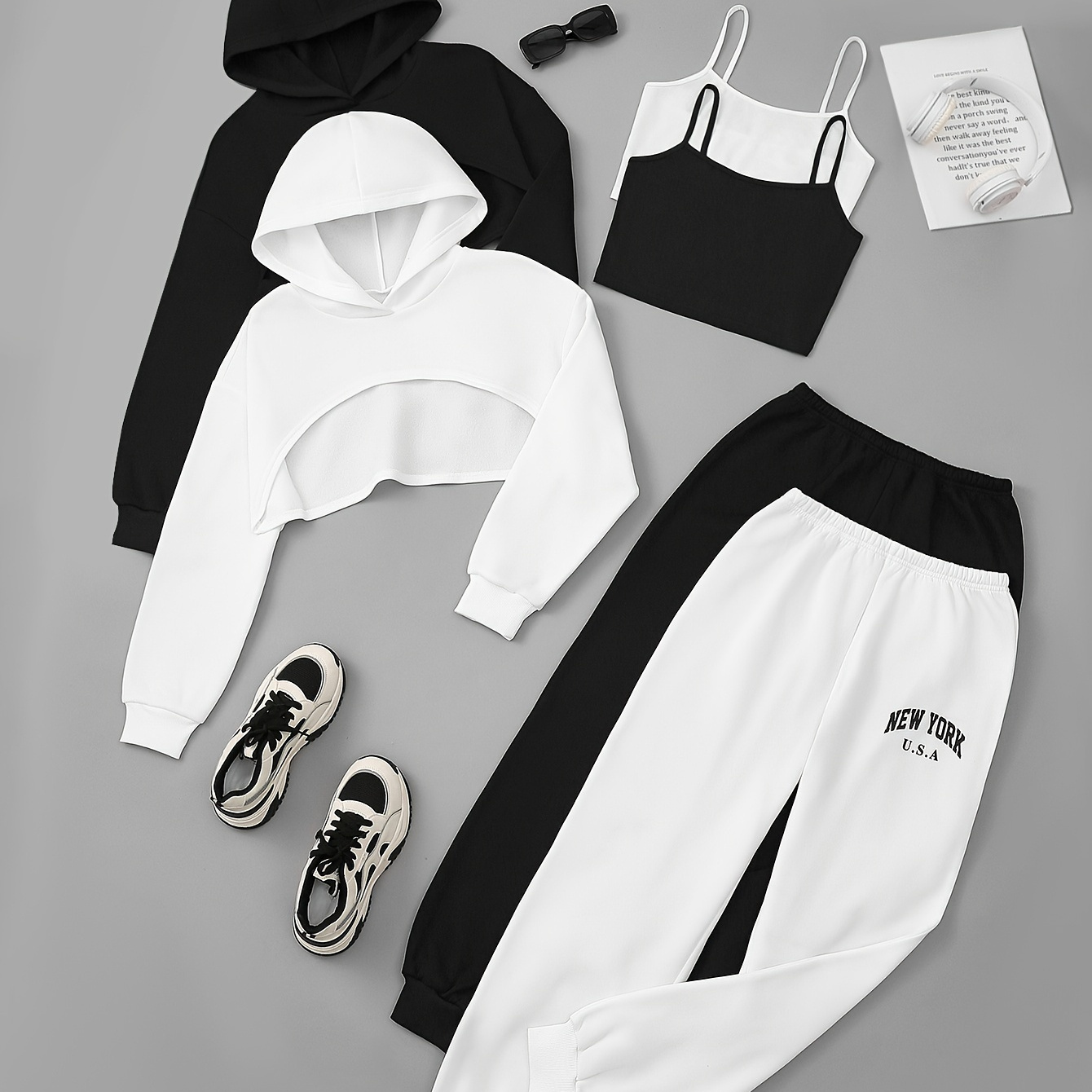 

- Set Of 6 Letter Outfits, Long Sweatshirt & Cami Top & Waist Sweatpants Outfits, Women's Clothing