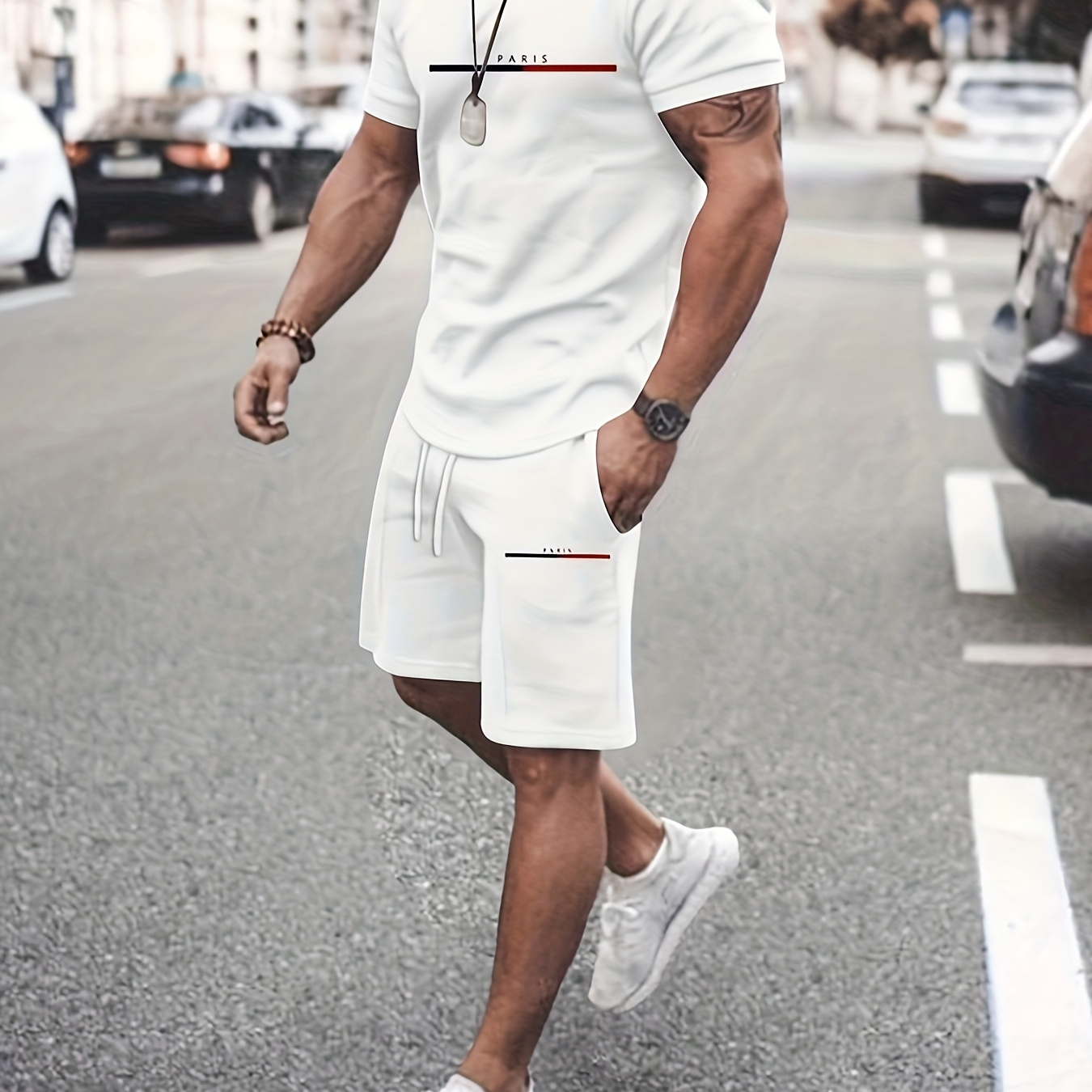 

Paris Print Men's Casual Two-piece Set, Crew Neck Short Sleeve T-shirt & Drawstring Shorts With Pockets, Breathable And Soft Outfits For Summer Outdoor Sports