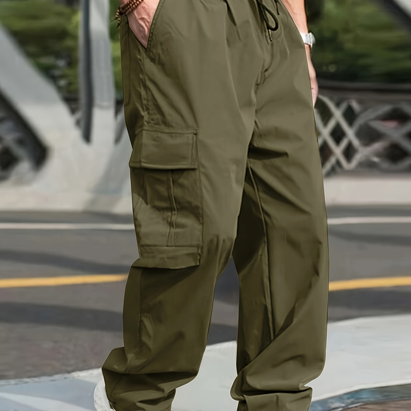 

Trendy Solid Cargo Pants, Men's Multi Flap Pocket Trousers, Loose Casual Outdoor Pants, Men's Work Pants Outdoors Streetwear Hip Hop Style
