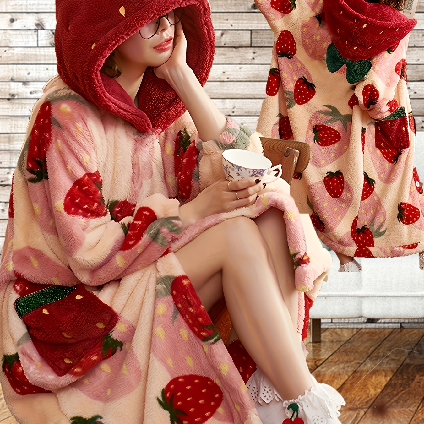 

Robe de nuit épaisse en à fraises mignonnes pour et l'hiver, robe à capuche à manches longues avec boutons et poches, vêtements de nuit et robes pour femmes