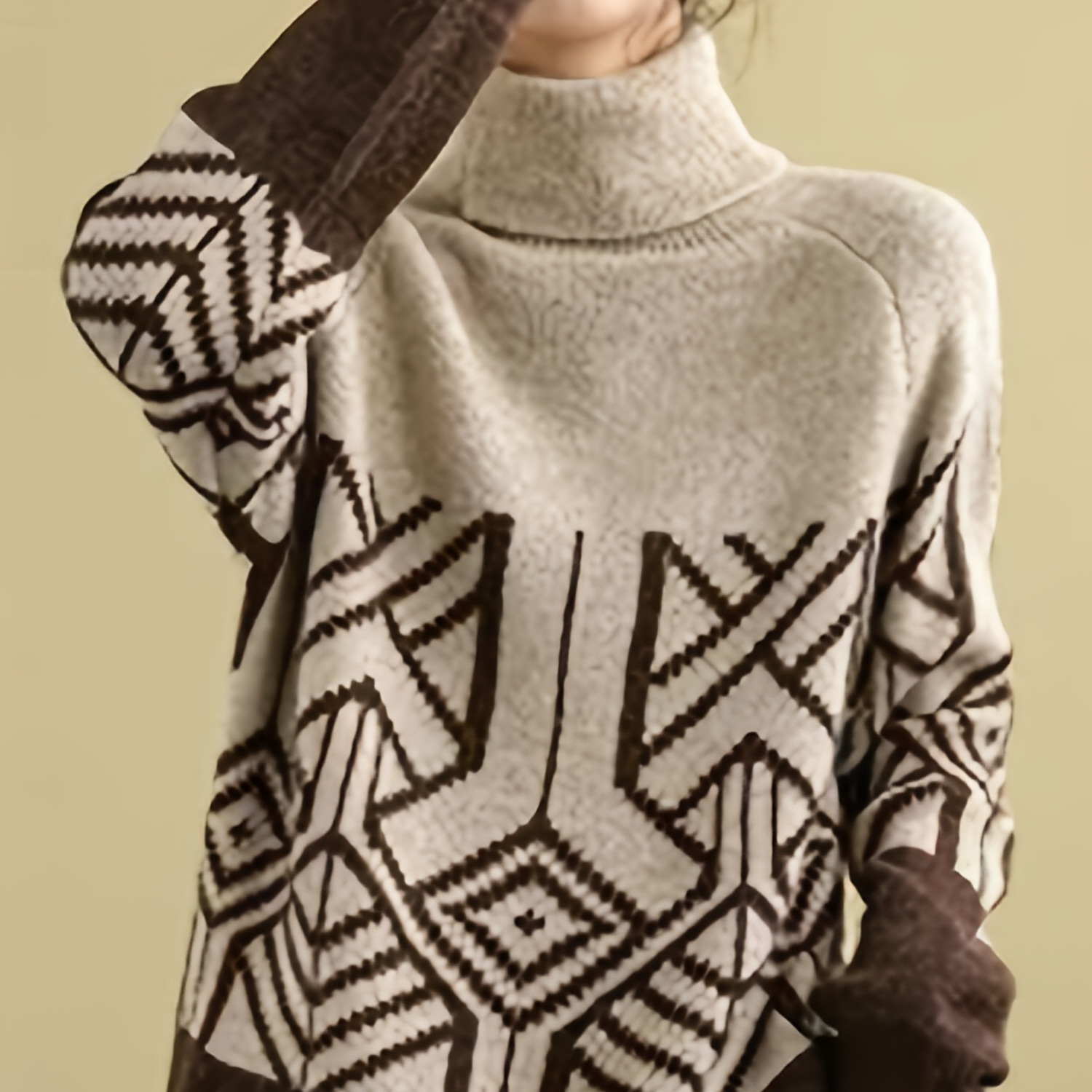 

Women's Casual High Neck Knit Sweater - Loose Fit, Long Sleeve Pullover With Geometric Brown And Pattern, Soft Viscose , Fall/winter, Cozy Autumn Apparel|geometric Pattern Sweater|knit Texture