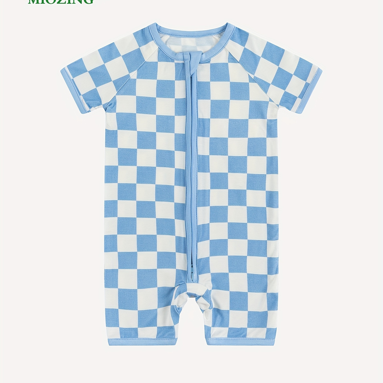 

Miozing Newborn Baby Bamboo Fabric Blue Checkerboard Print Short Sleeve Zipper Bodysuit