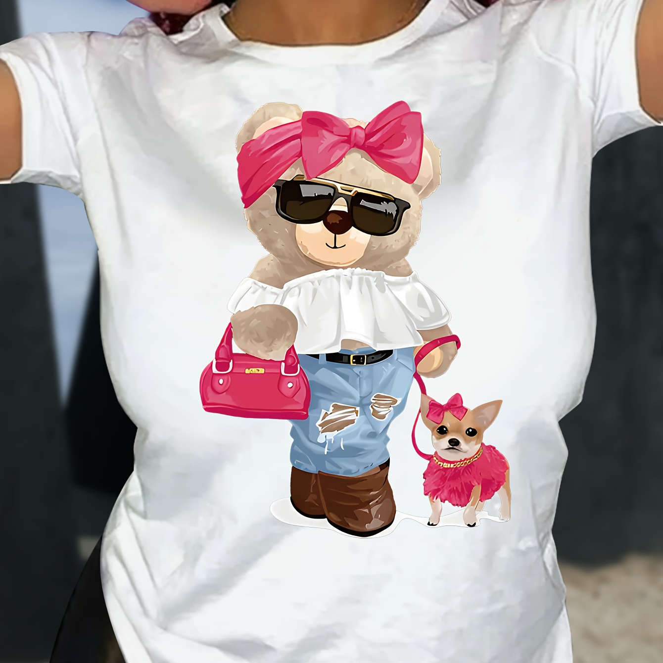 

Cute Bear Print T-shirt, Short Sleeve Crew Neck Casual Top For Summer & Spring, Women's Clothing