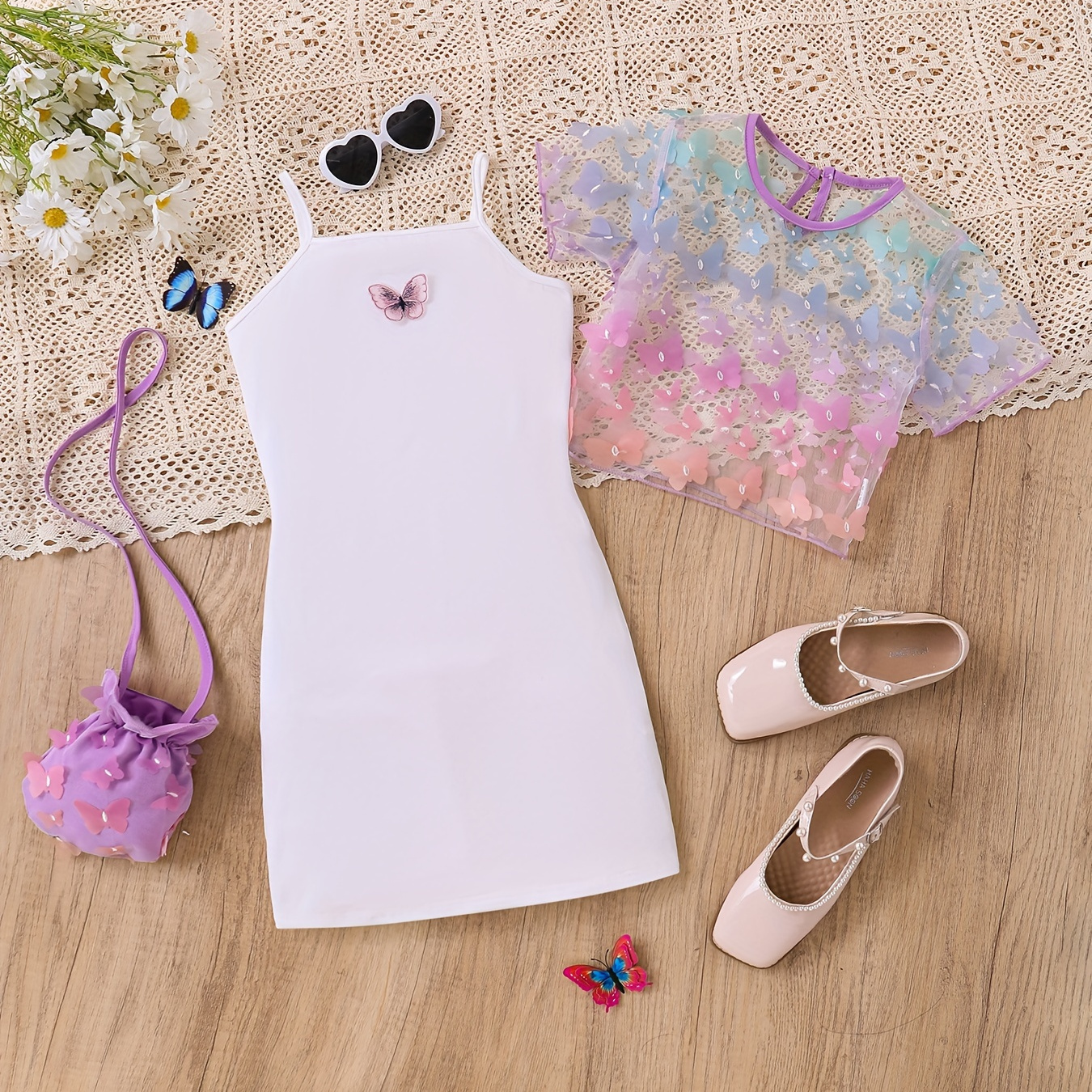 

2pcs Trendy Gradient Butterfly Print Short Sleeve Mesh Pullover + Butterfly Embroidery Cami Dress With Bag Set For Summer Party Outdoor Girls